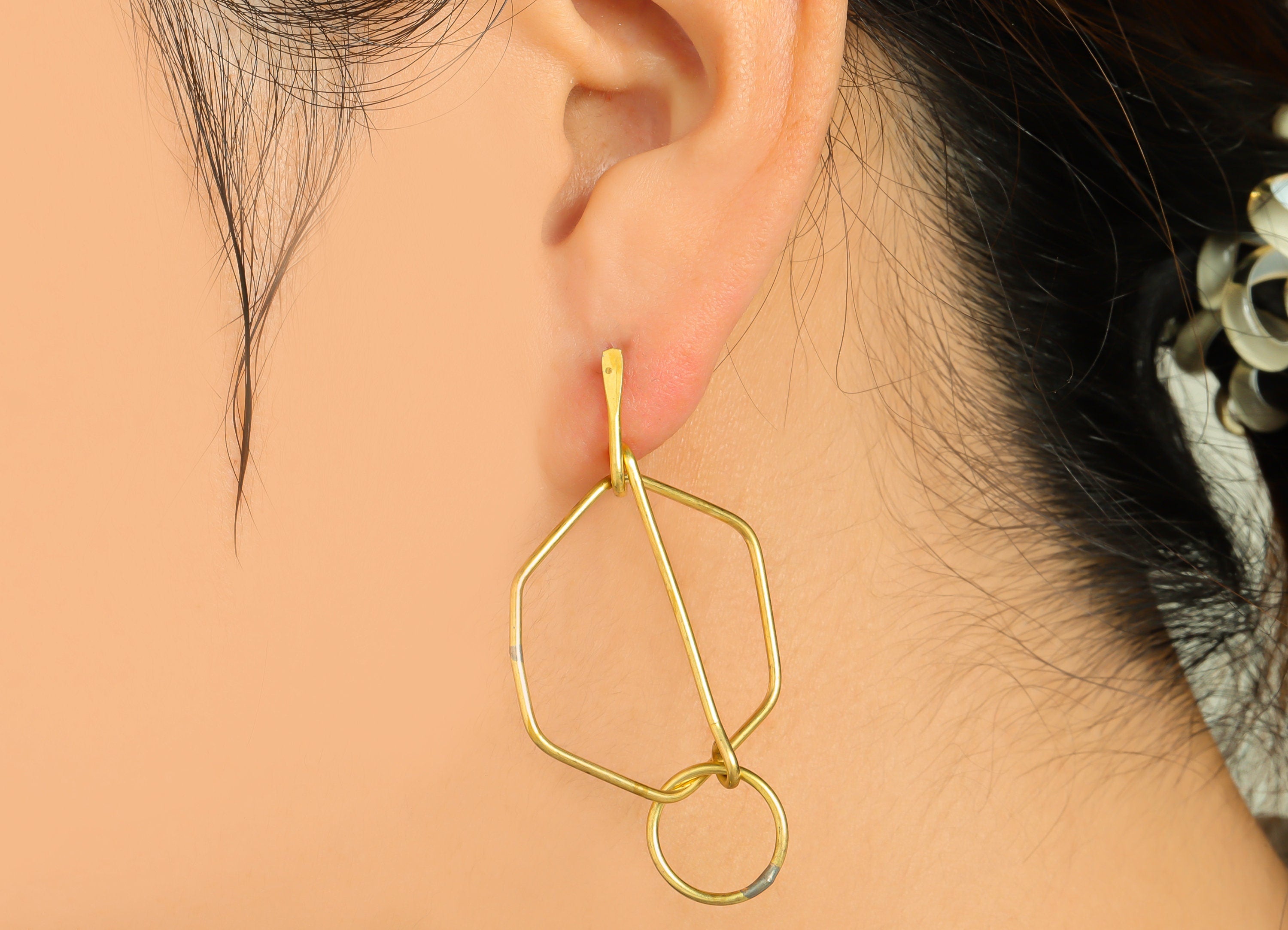 Brass Hexagon Dangle Wire Earring Post - Raw Brass Stick Earring Post - Hammered Knot Earring Post - Geometry Earring Post -49x29x1mm-PP9144 - DOMEDBAZAAR