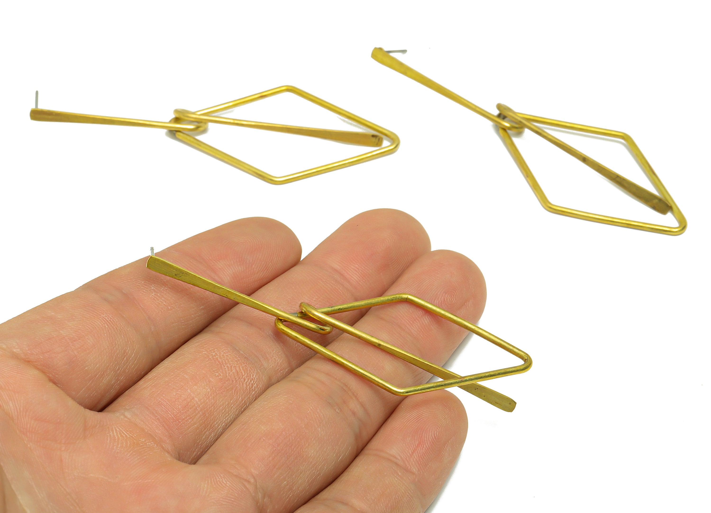 Brass Hammered Dangle Wire Earring Post - Raw Brass Diamond Earring Post - Stick Rhombic Earring Post - Bar Earring Post - 81x24x1mm -PP9140 - DOMEDBAZAAR