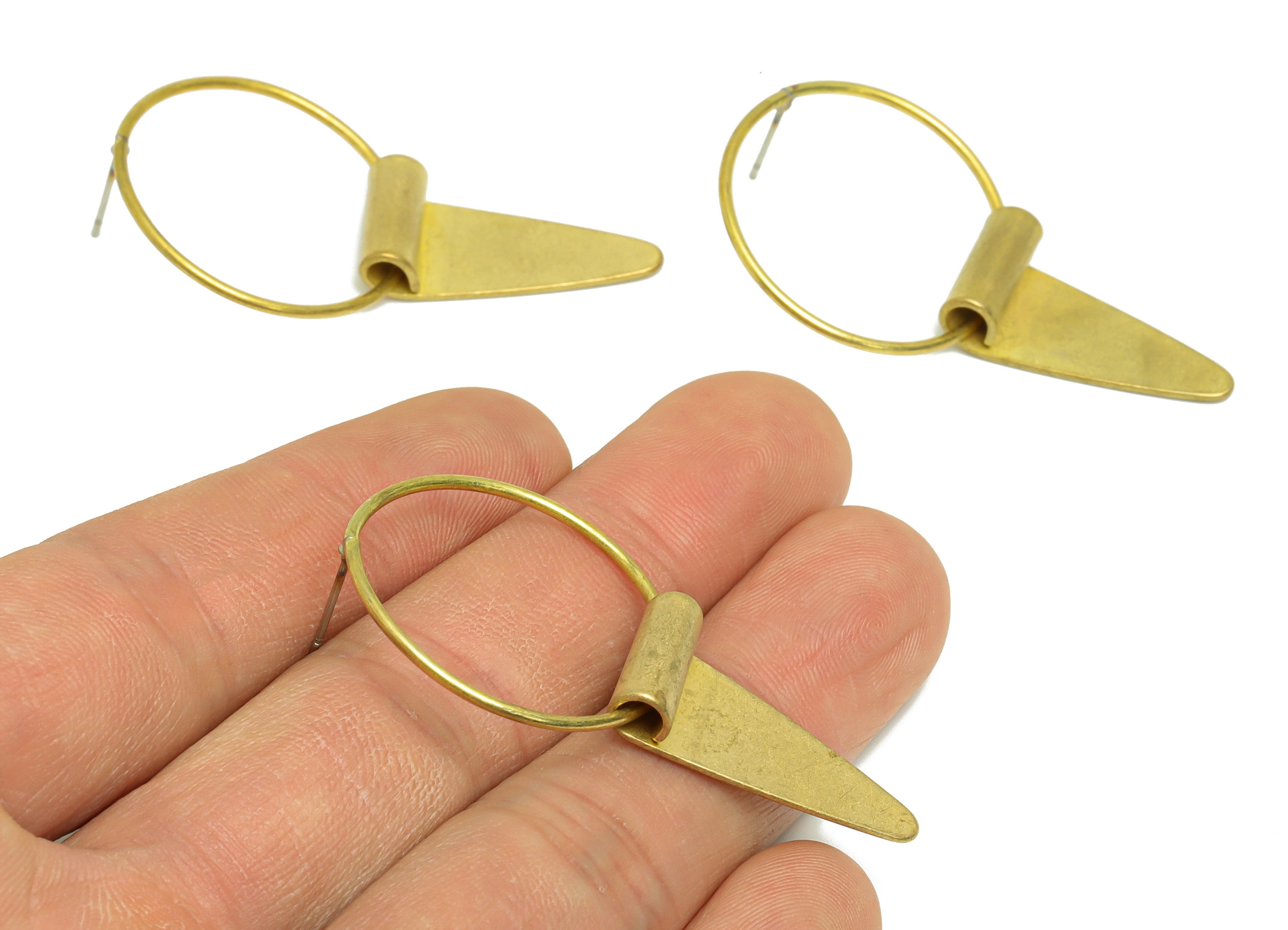 Brass Round Dangle Earring Post - Raw Brass Ring Triangle Wire Earring Post - Triangle Earring Post - Bent Earring Post - 49x27x1mm - PP9124 - DOMEDBAZAAR