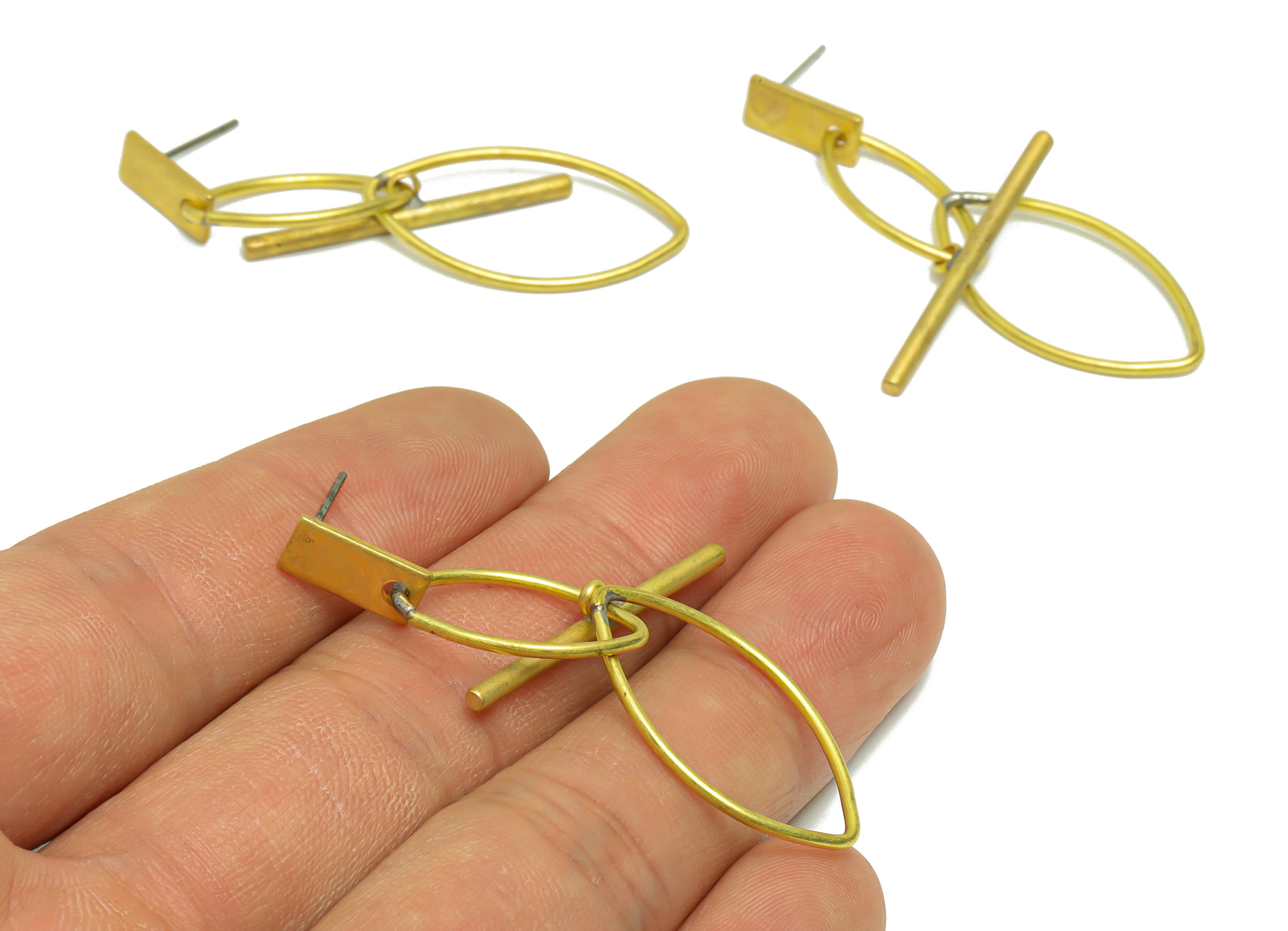 Marquise Interlocking Dangle Earring - Raw Brass Stick Earring Post - Irregular Earring Post - Geometry Stick Earring Post -52x14x1mm-PP9125 - DOMEDBAZAAR
