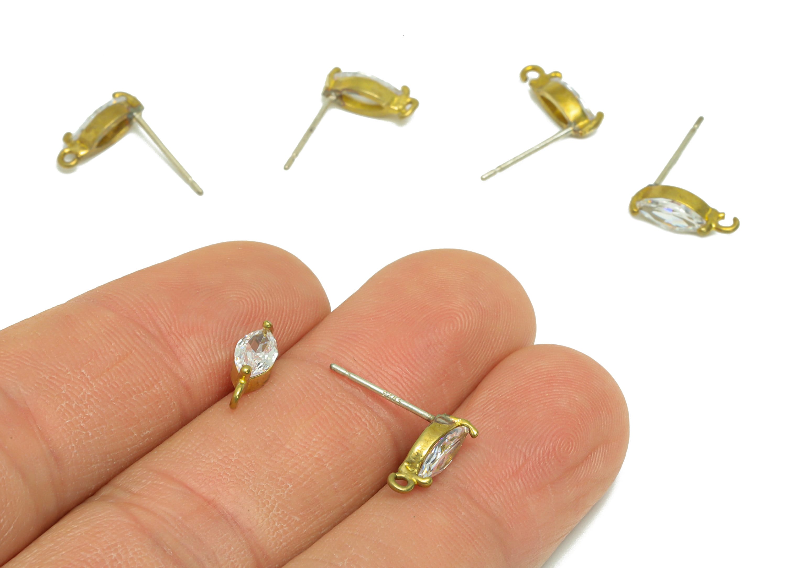 Brass Marquise Earring Post - Raw Brass Eye Zircon Earring Post - Marquise Cubic Zircon Earring Post - Post With Loop - 16x11x4mm - PP8972 - DOMEDBAZAAR