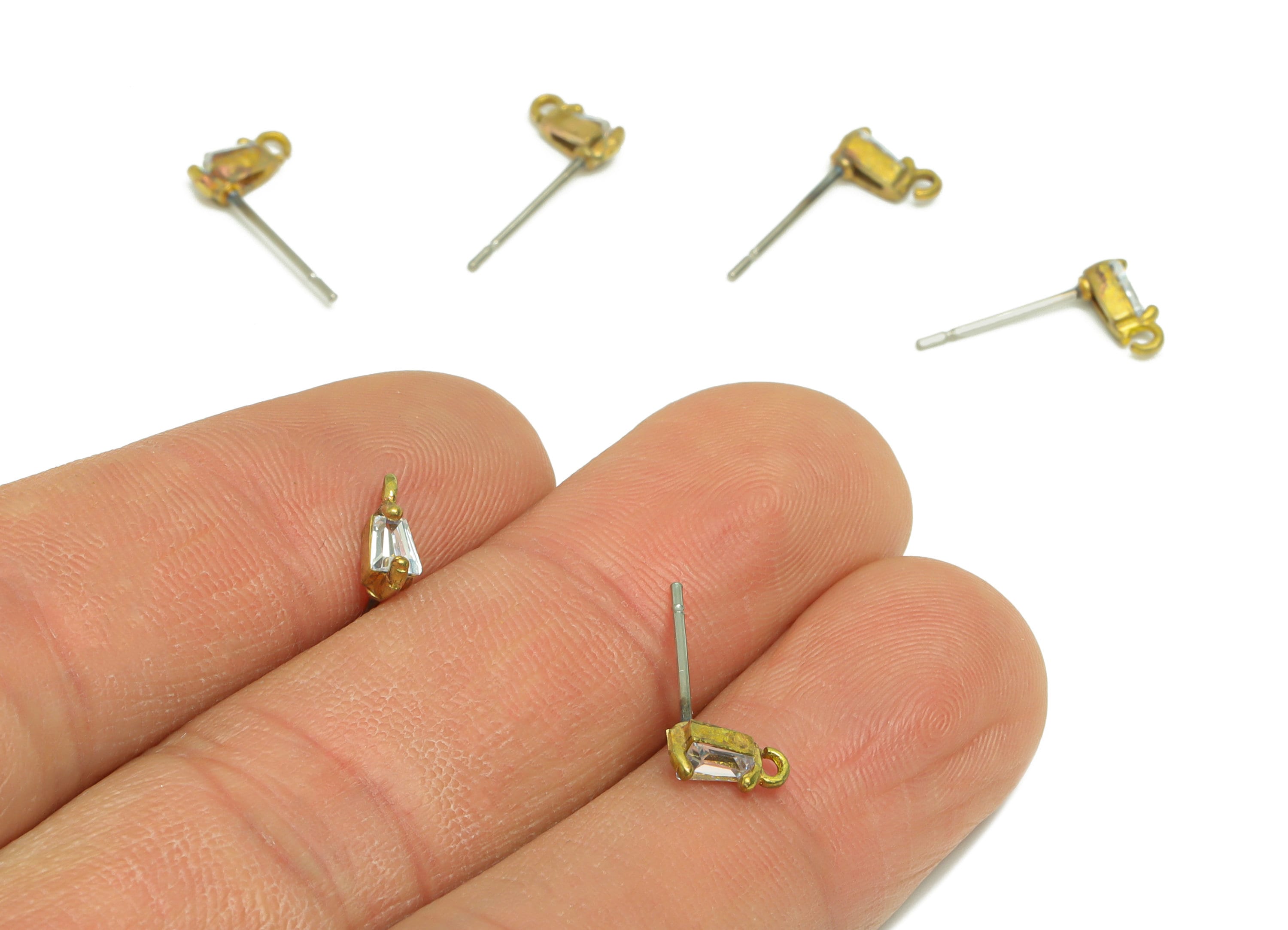 Brass Trapezoid Earring Post - Raw Brass Geometry Zircon Earring Post - Brass Cubic Zircon Earring Post - Post With Loop - 15x7x3mm - PP8967 - DOMEDBAZAAR