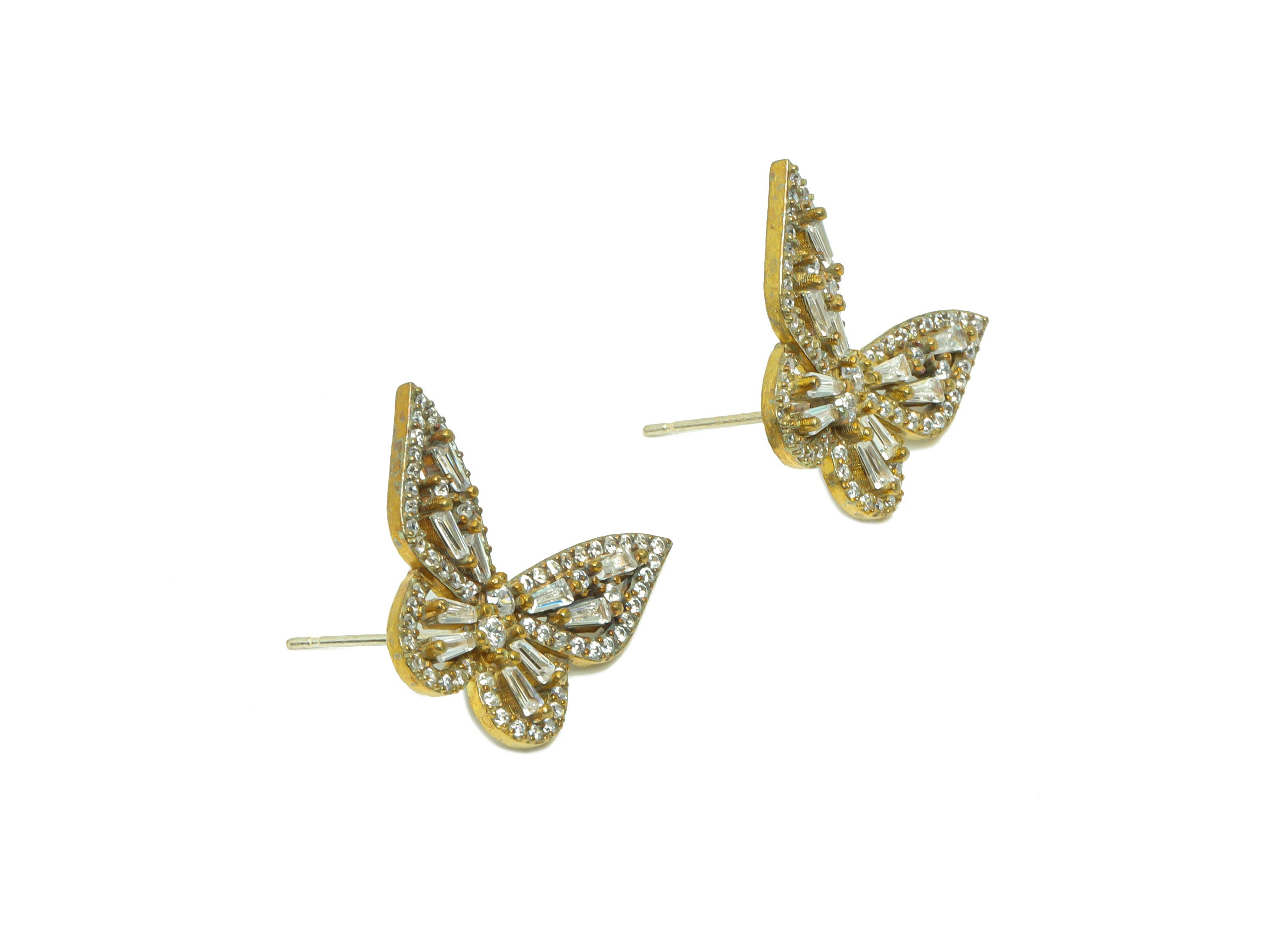 Brass Zircon Butterfly Earring Post - Raw Brass Inset Zircon Earring Post - Brass Cubic Zircon Earring Post - Zircon Post - 20x16x3mm-PP8966 - DOMEDBAZAAR