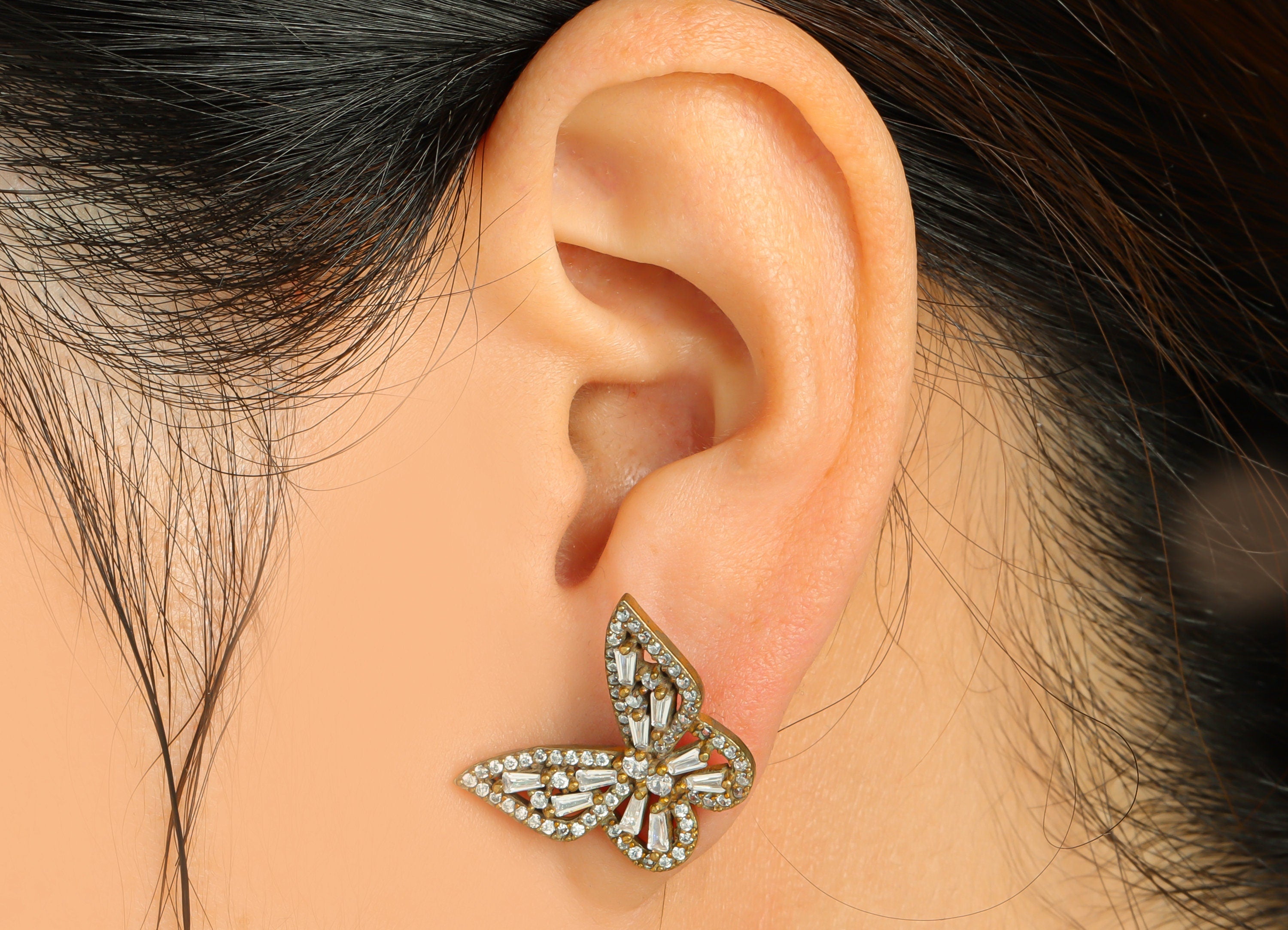 Brass Zircon Butterfly Earring Post - Raw Brass Inset Zircon Earring Post - Brass Cubic Zircon Earring Post - Zircon Post - 20x16x3mm-PP8966 - DOMEDBAZAAR