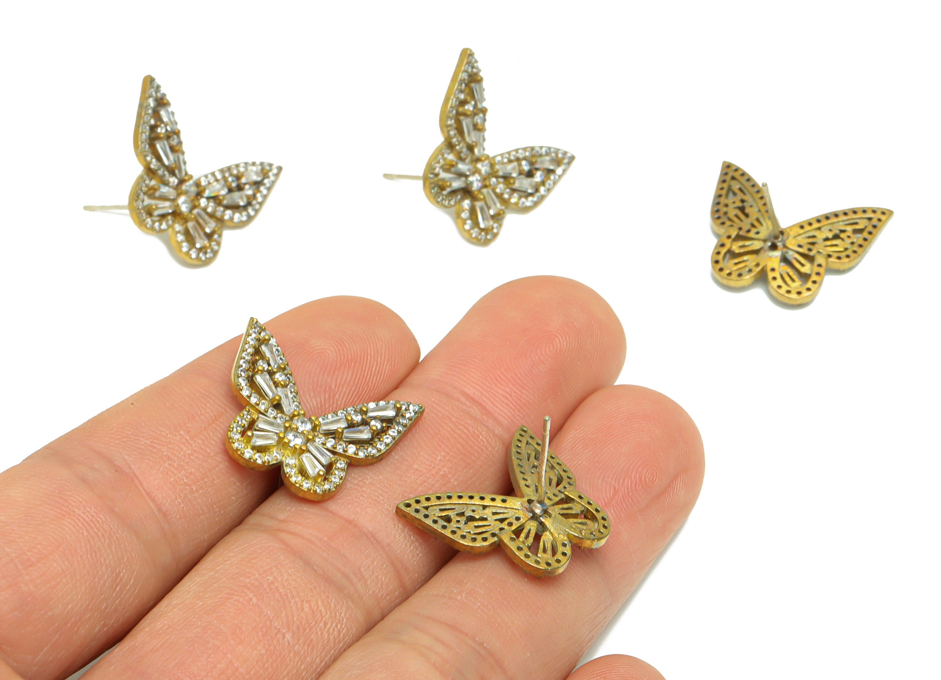 Brass Zircon Butterfly Earring Post - Raw Brass Inset Zircon Earring Post - Brass Cubic Zircon Earring Post - Zircon Post - 20x16x3mm-PP8966 - DOMEDBAZAAR