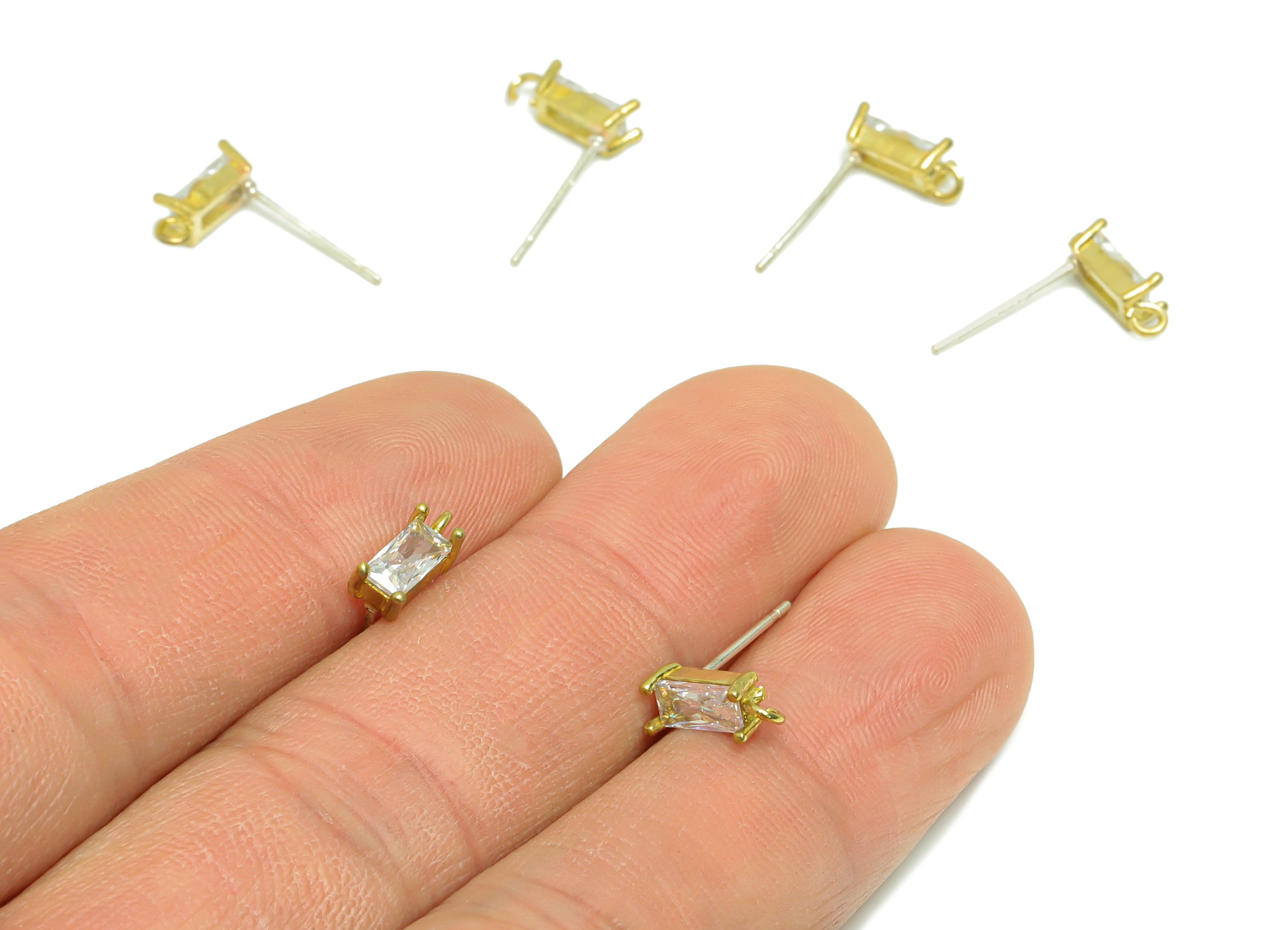 Brass Rectangle Earring Post - Raw Brass Geometry Zircon Earring Post - Brass Cubic Zircon Earring Post - Post With Loop - 15x8x4mm - PP8971 - DOMEDBAZAAR