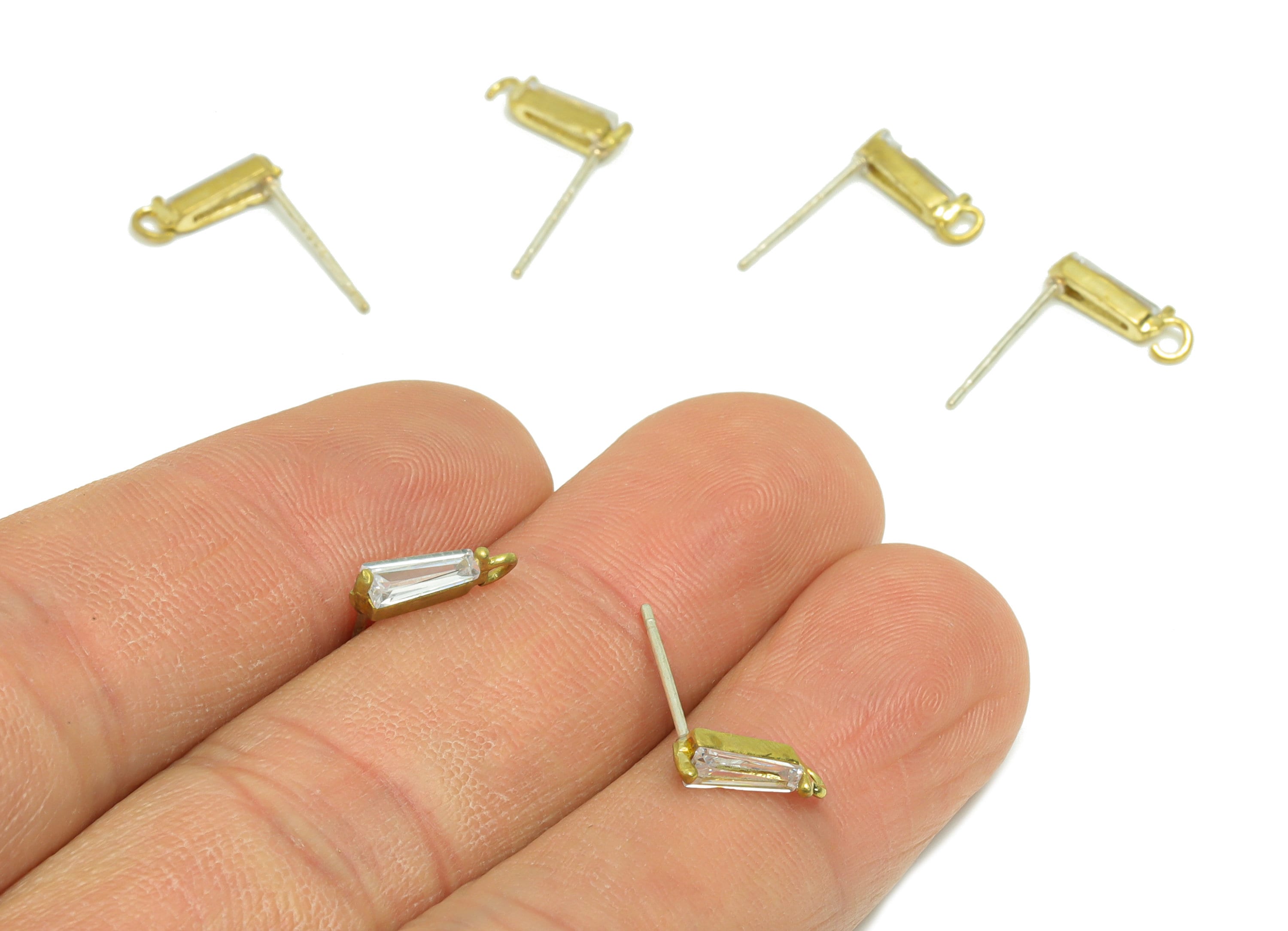 Brass Trapezoid Earring Post - Raw Brass Geometry Zircon Earring Post - Brass Cubic Zircon Earring Post - Post With Loop - 14x10x3mm -PP8969 - DOMEDBAZAAR