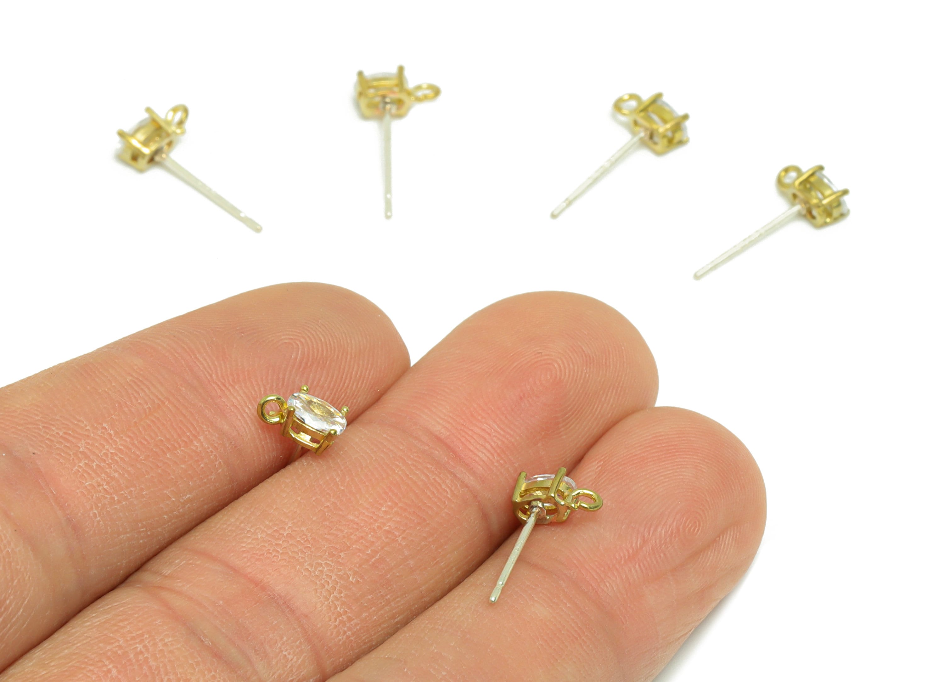Brass Oval Earring Post - Raw Brass Geometry Zircon Earring Post - Brass Cubic Zircon Earring Post - Post With Loop - 15x7x3.61mm -PP8974 - DOMEDBAZAAR