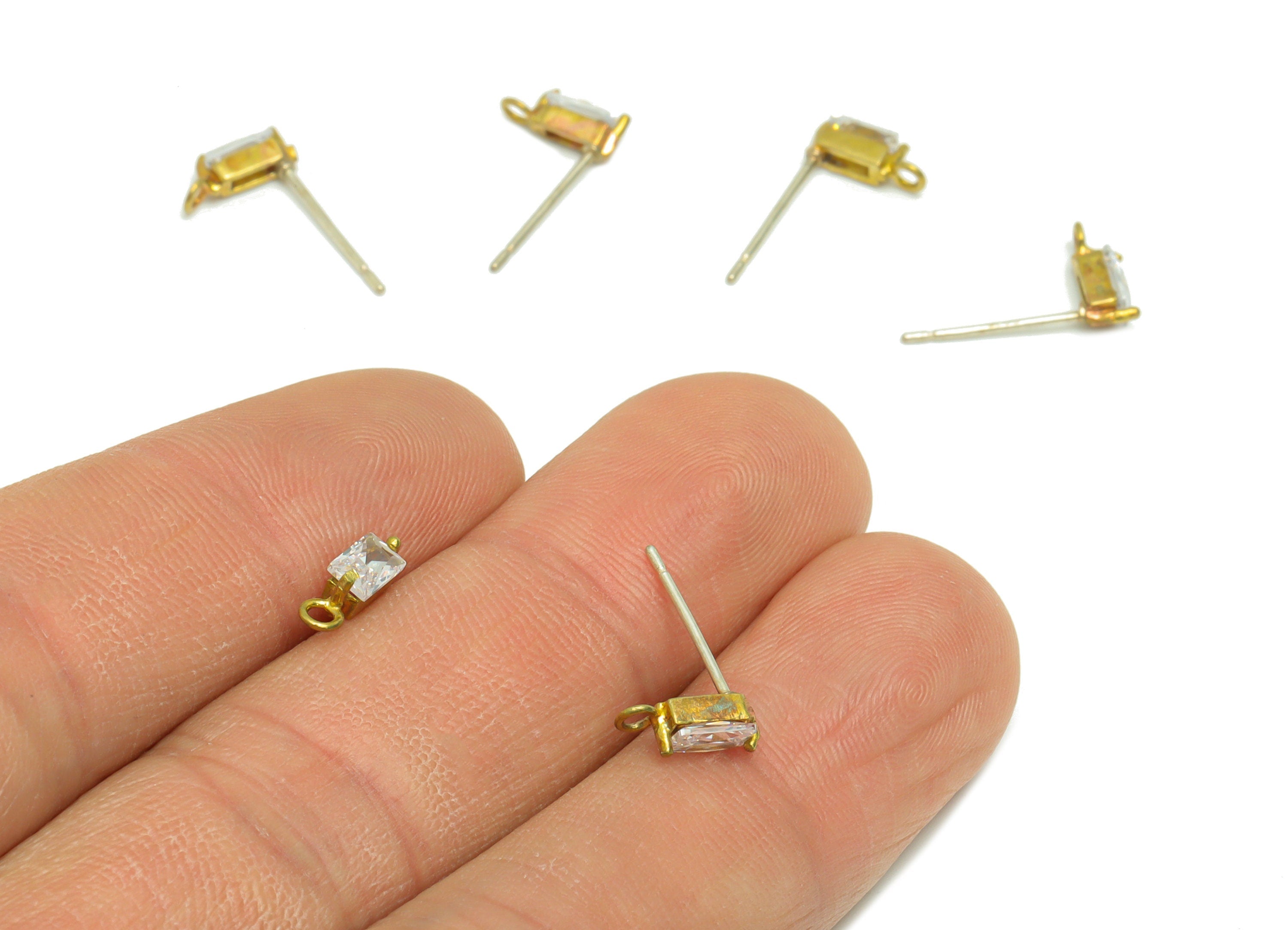 Brass Rectangle Earring Post - Raw Brass Geometry Zircon Earring Post - Brass Cubic Zircon Earring Post - Post With Loop - 15x8x3mm - PP8970 - DOMEDBAZAAR