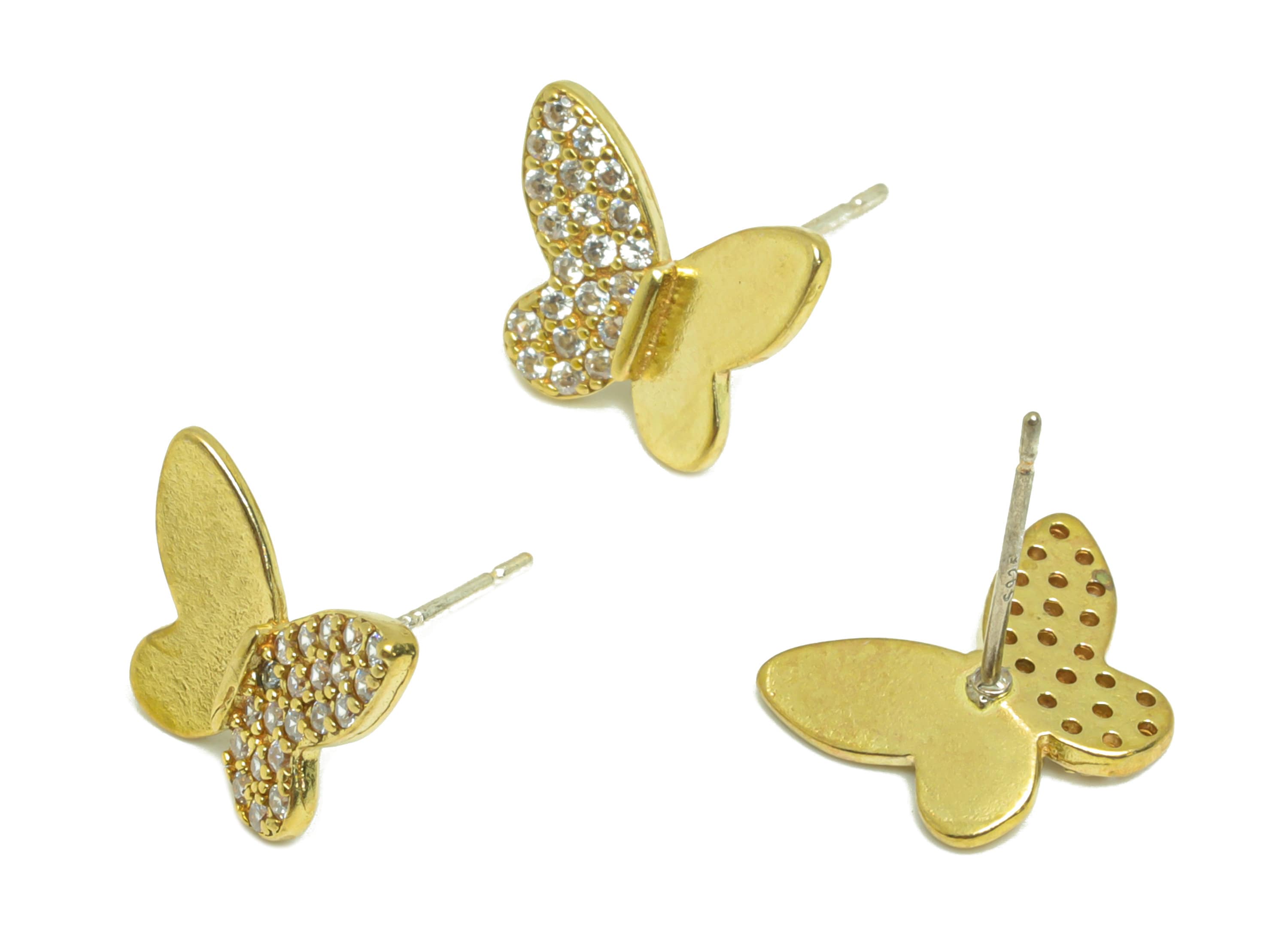 Brass Butterfly Earring Post - Raw Brass Inset Zircon Earring Post - Brass Animal Zircon Earring Post - Butterfly Post - 13x11x1mm - PP8963 - DOMEDBAZAAR