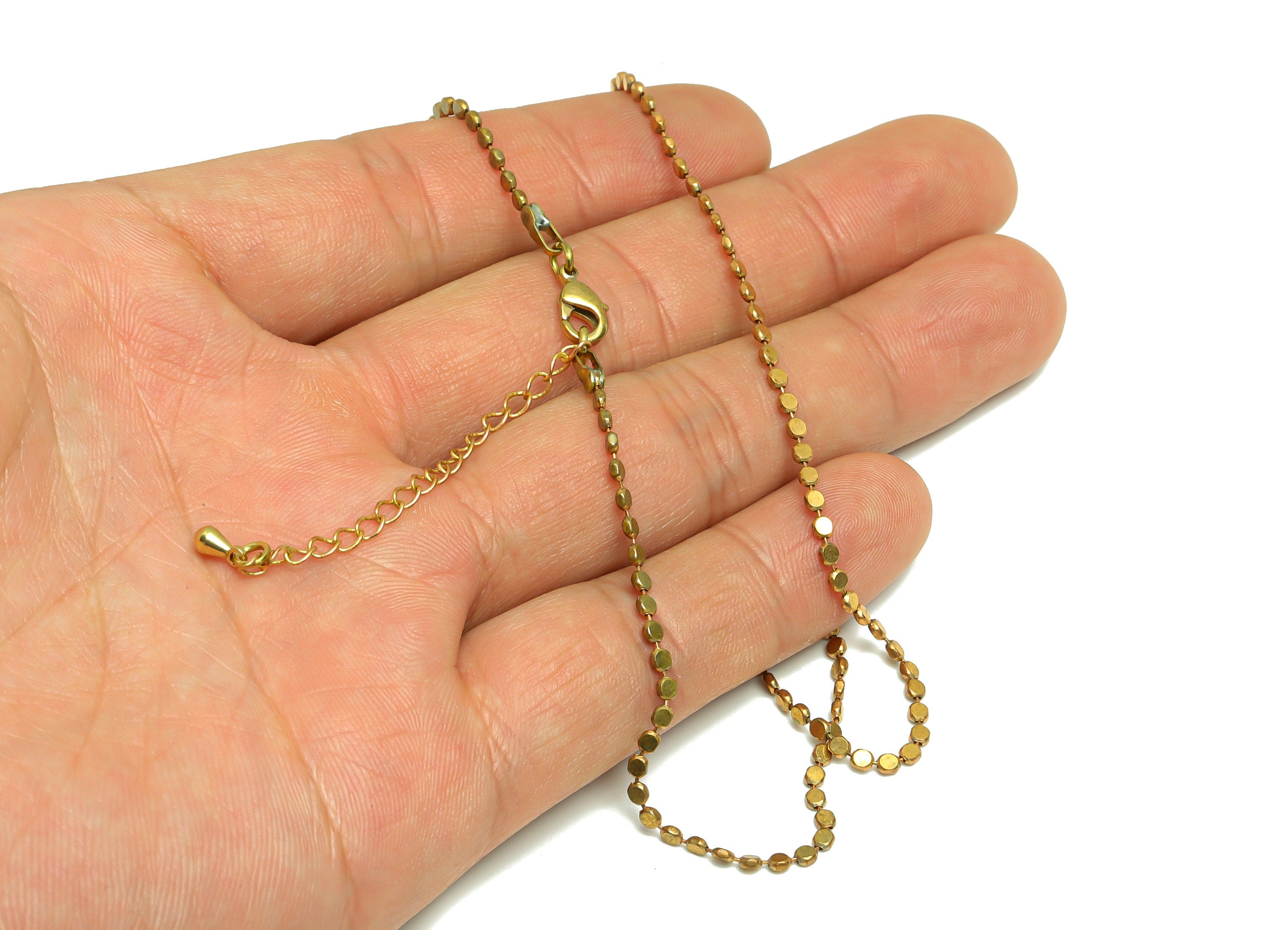 2mm Finished Flat Ball Chain - 42.5+6CM  Beaded Chain Pellet - Flat Round Chain - Raw Brass Chain Finished - Flat Ball Necklace - CC1265 - DOMEDBAZAAR