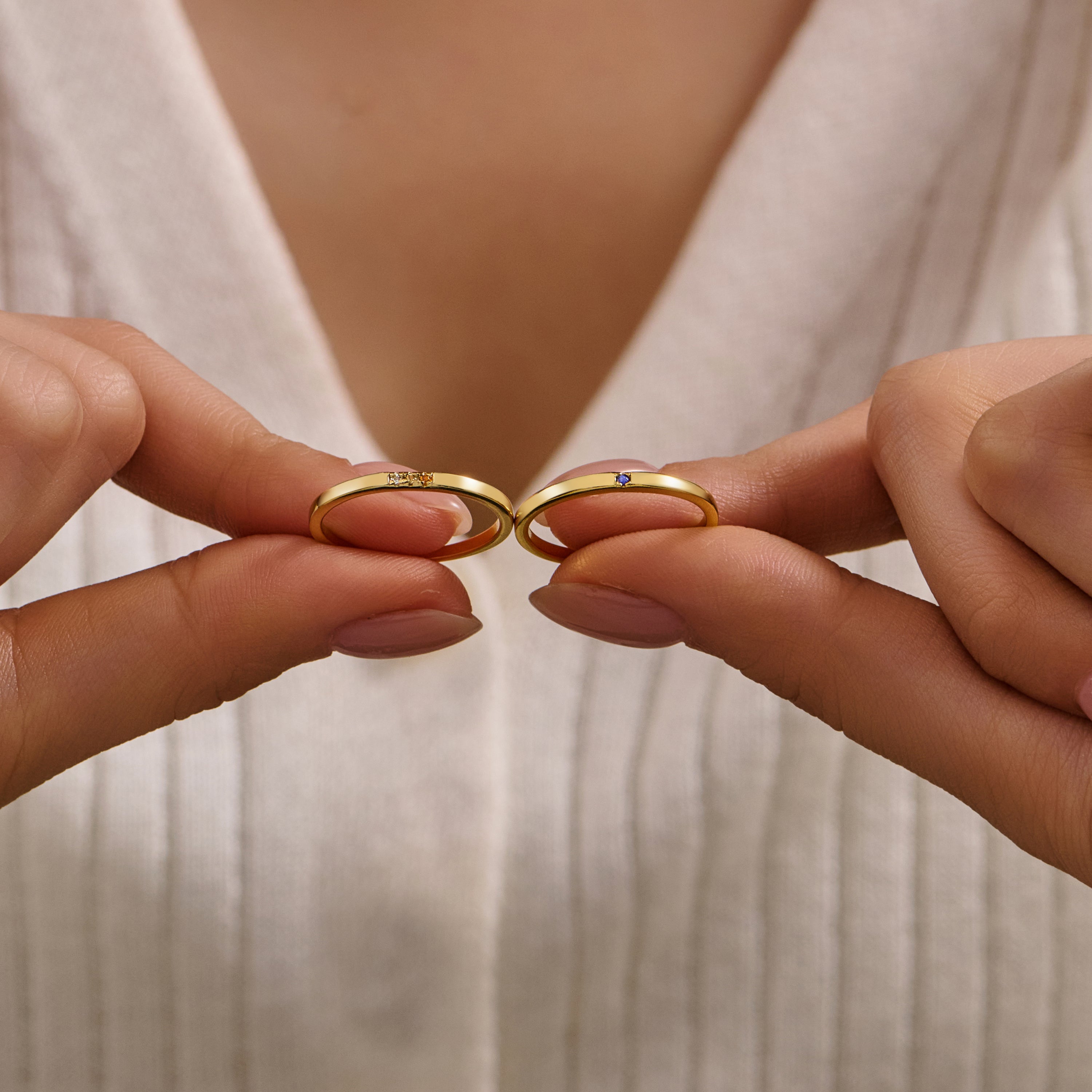 Gemstone Stacking Rings - 84pcs SET for Retailers - Sterling Silver Minimalist Ring with Natural Stone - Dainty Gold-Plated Sterling Silver Rings  with High Quality Wooden Box