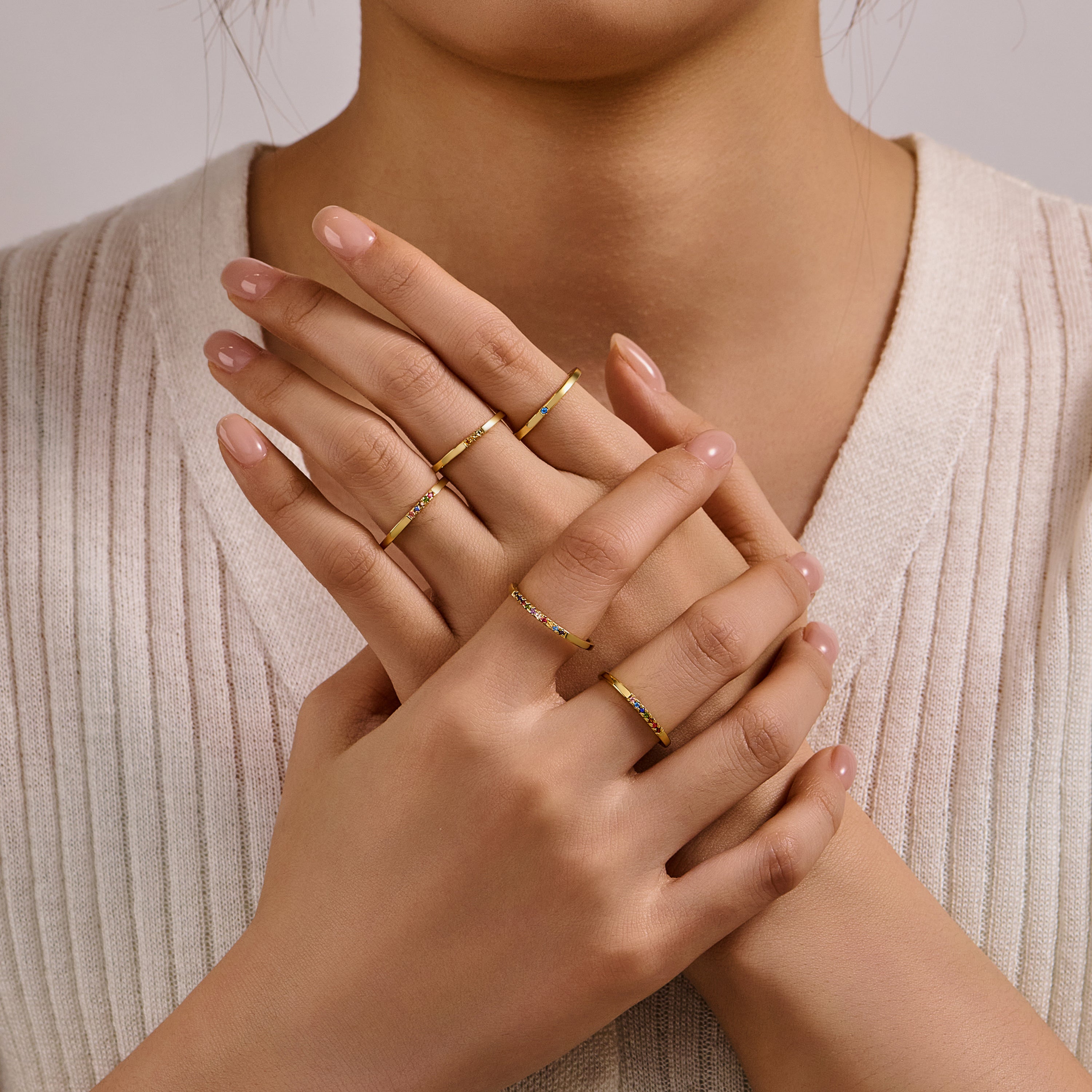 Gemstone Stacking Rings - 84pcs SET for Retailers - Sterling Silver Minimalist Ring with Natural Stone - Dainty Gold-Plated Sterling Silver Rings  with High Quality Wooden Box