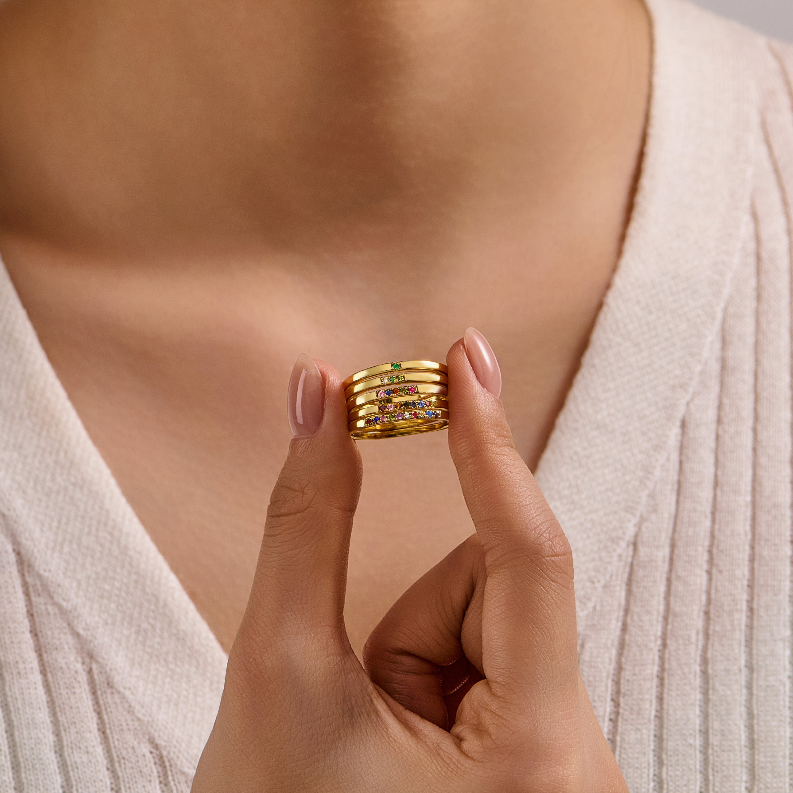 Gemstone Stacking Rings - 84pcs SET for Retailers - Sterling Silver Minimalist Ring with Natural Stone - Dainty Gold-Plated Sterling Silver Rings  with High Quality Wooden Box