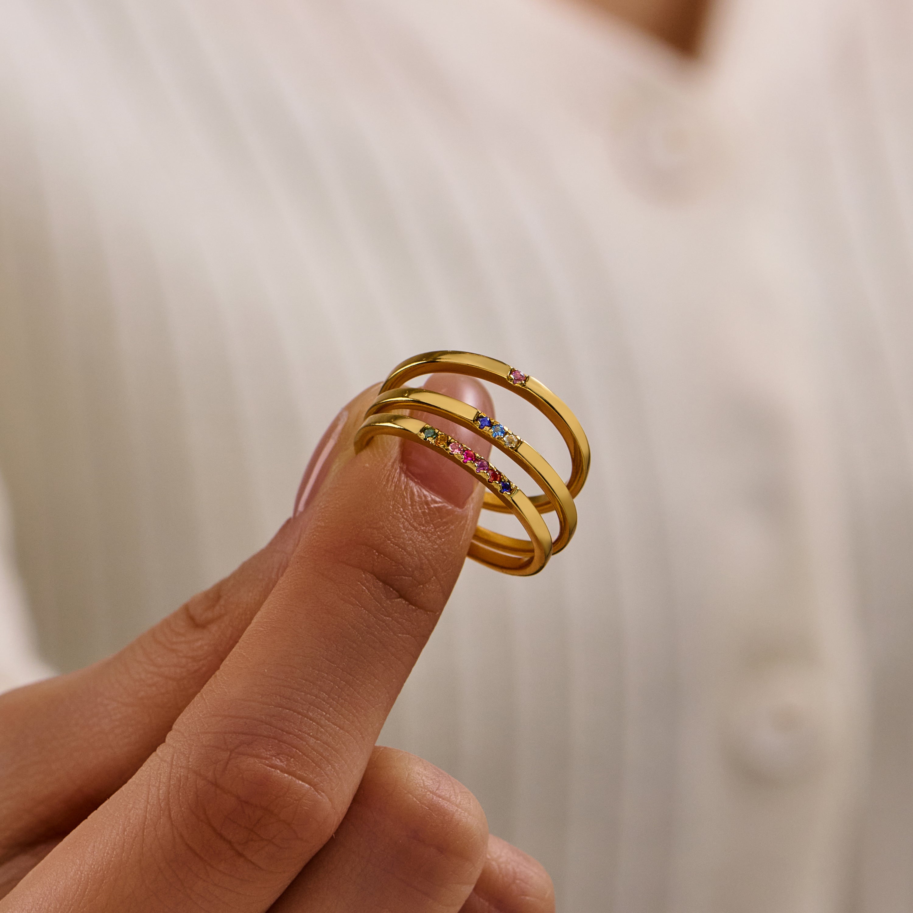 Gemstone Stacking Rings - 84pcs SET for Retailers - Sterling Silver Minimalist Ring with Natural Stone - Dainty Gold-Plated Sterling Silver Rings  with High Quality Wooden Box