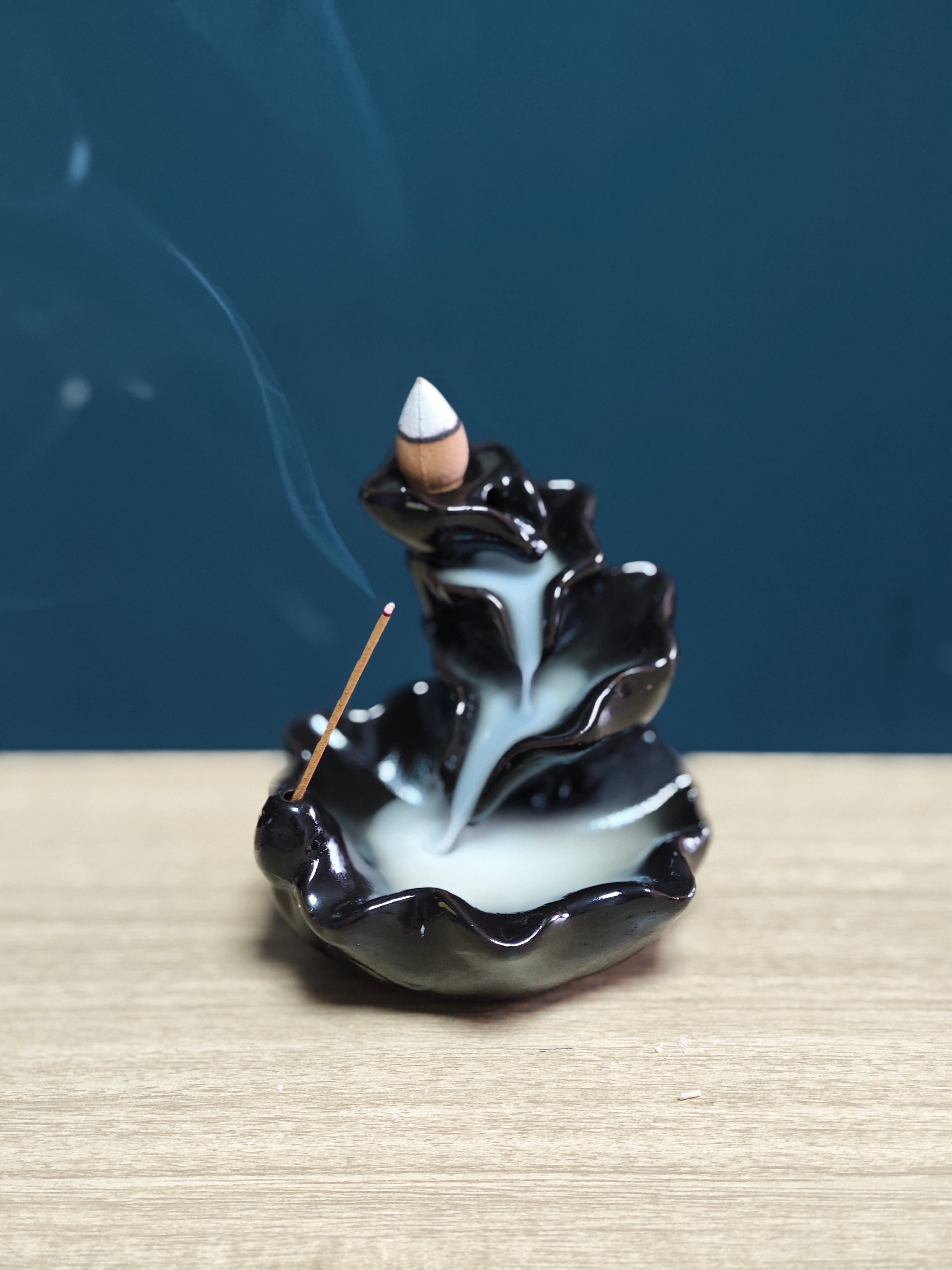 Ceramic Reflux Incense Burner - Decorative Incense Burner Biblo - Lotus Flower Rippled Wavy Smooth Glossy Pond Burner 10cm BIB-3 - DOMEDBAZAAR