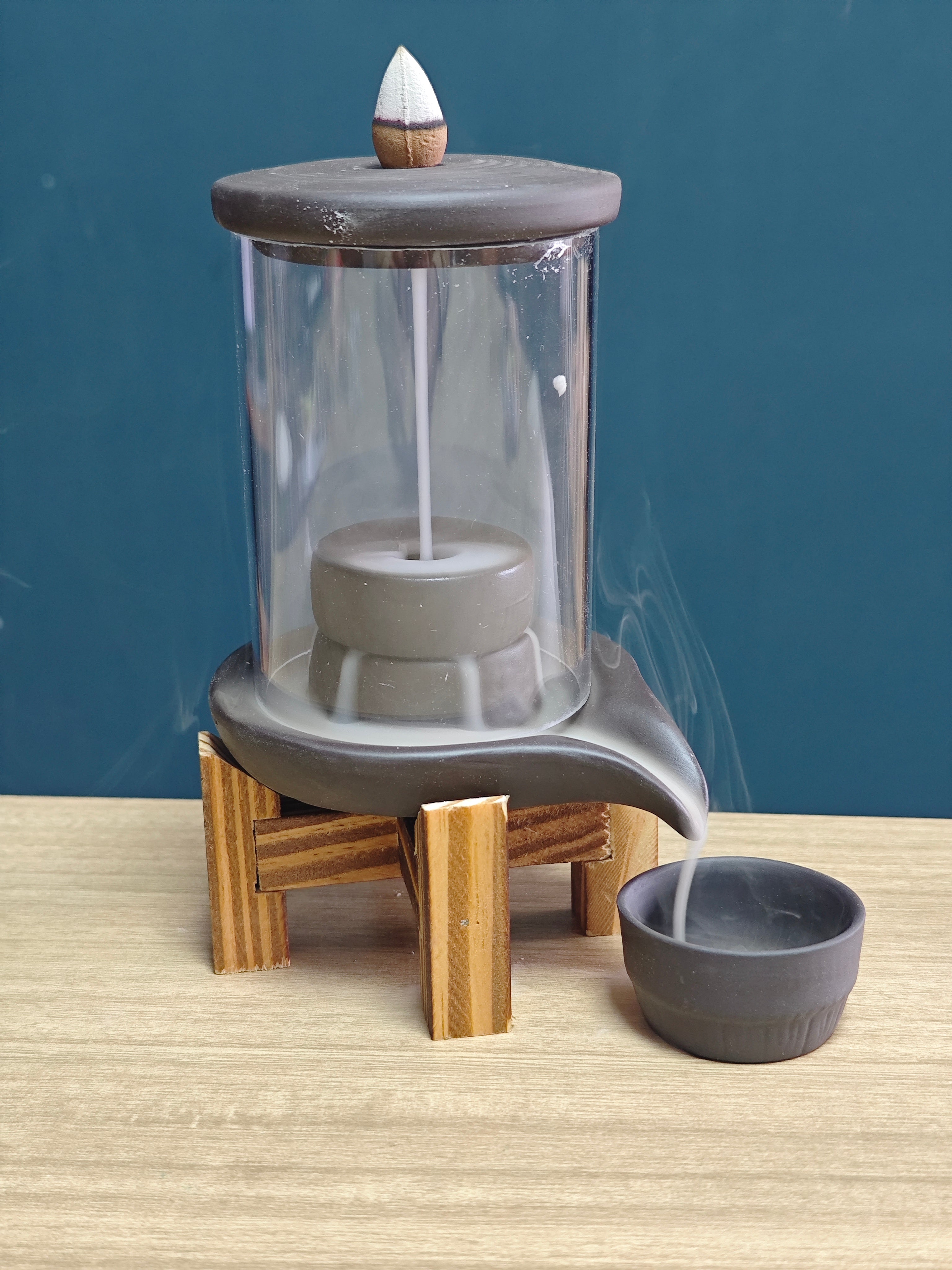 Ceramic Reflux Incense Burner - Decorative Incense Burner Biblo - Modern Minimalist  Cylindrical Incense Wooden Stand Base Burner 17.3cm BIB-12 - DOMEDBAZAAR