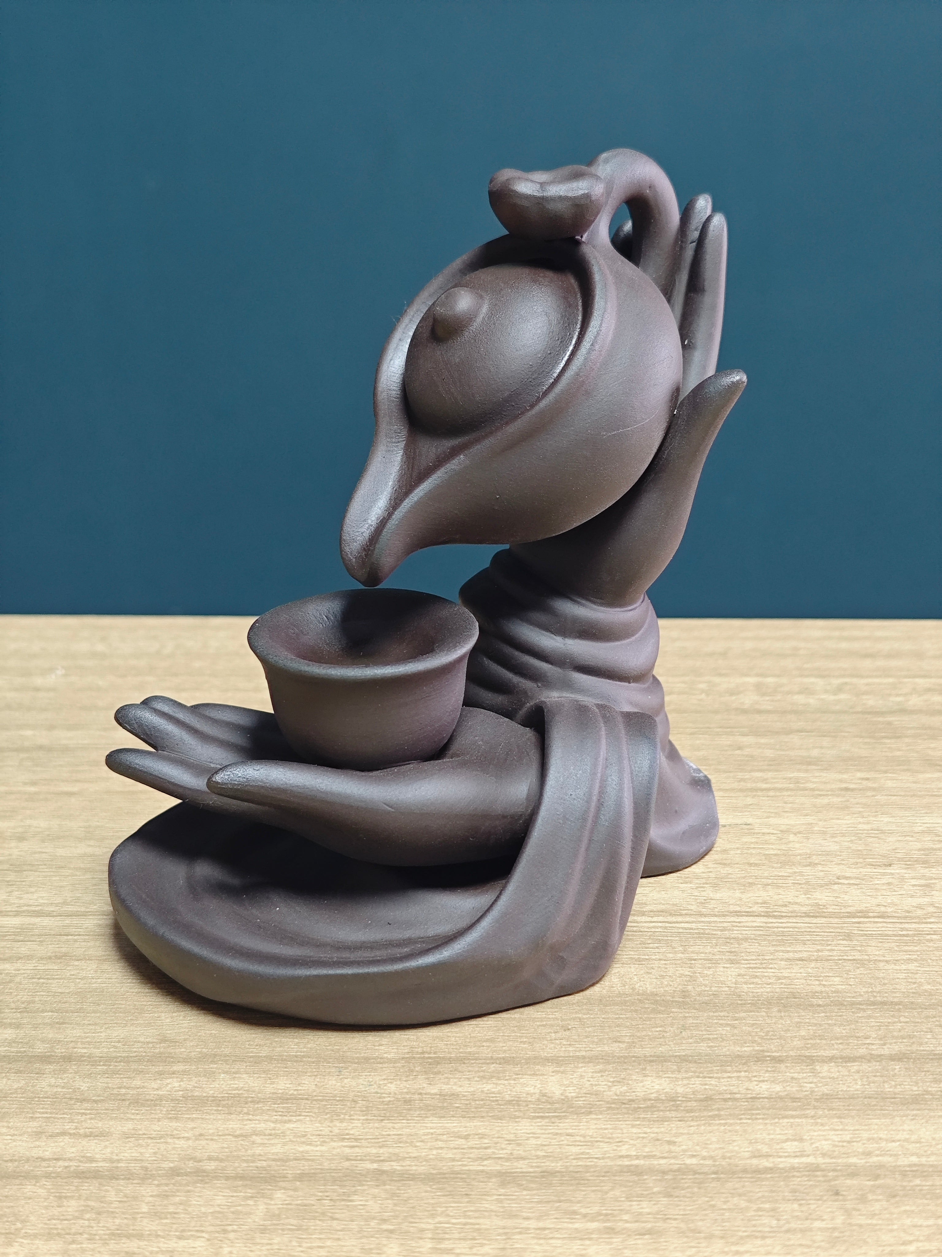 Ceramic Reflux Incense Burner - Decorative Incense Burner Biblo - Cup and Teapot Sculpture Hand Holding Teapot Backflow Incense Burner 14cm BIB-14 - DOMEDBAZAAR