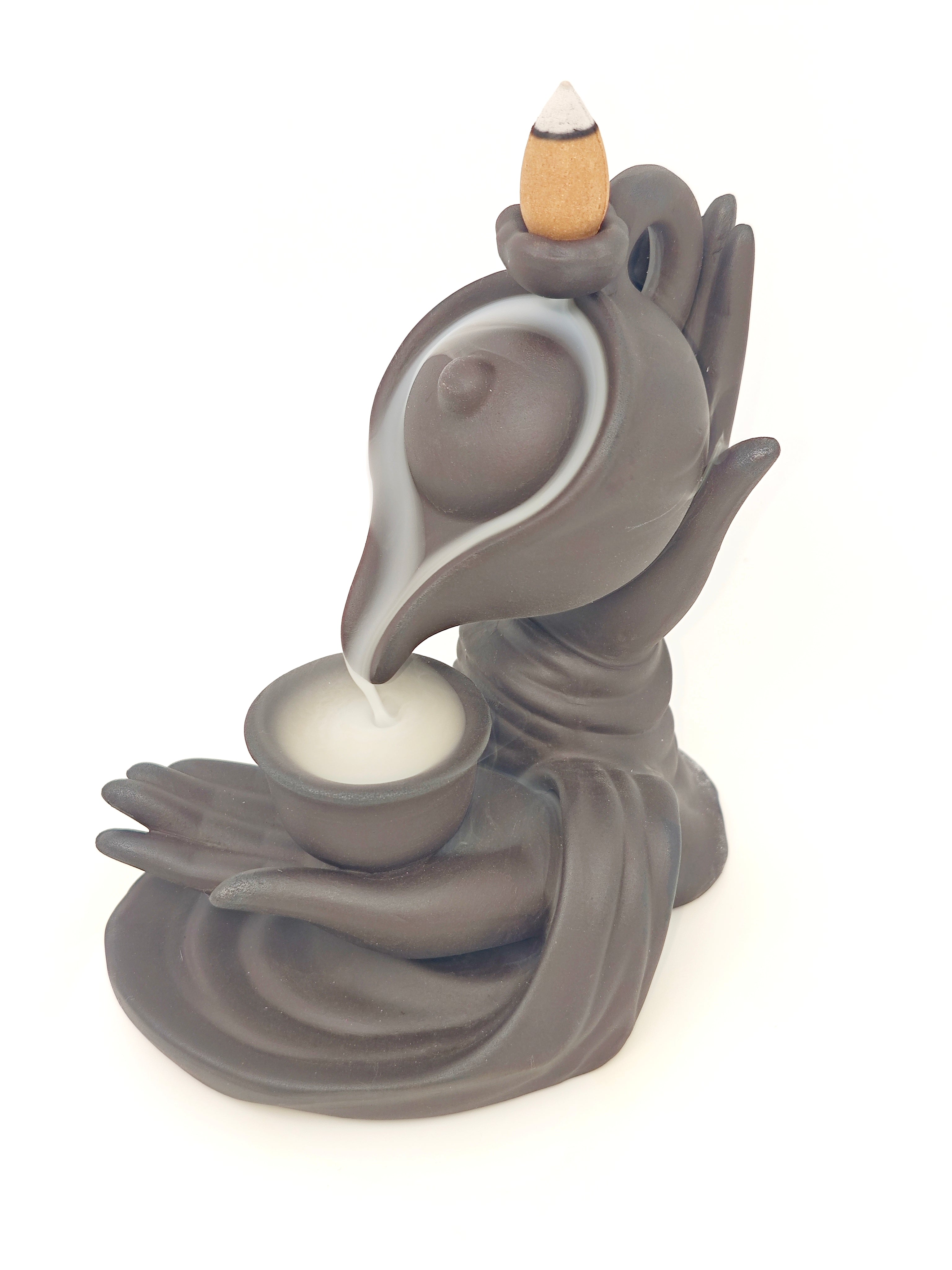 Ceramic Reflux Incense Burner - Decorative Incense Burner Biblo - Cup and Teapot Sculpture Hand Holding Teapot Backflow Incense Burner 14cm BIB-14 - DOMEDBAZAAR