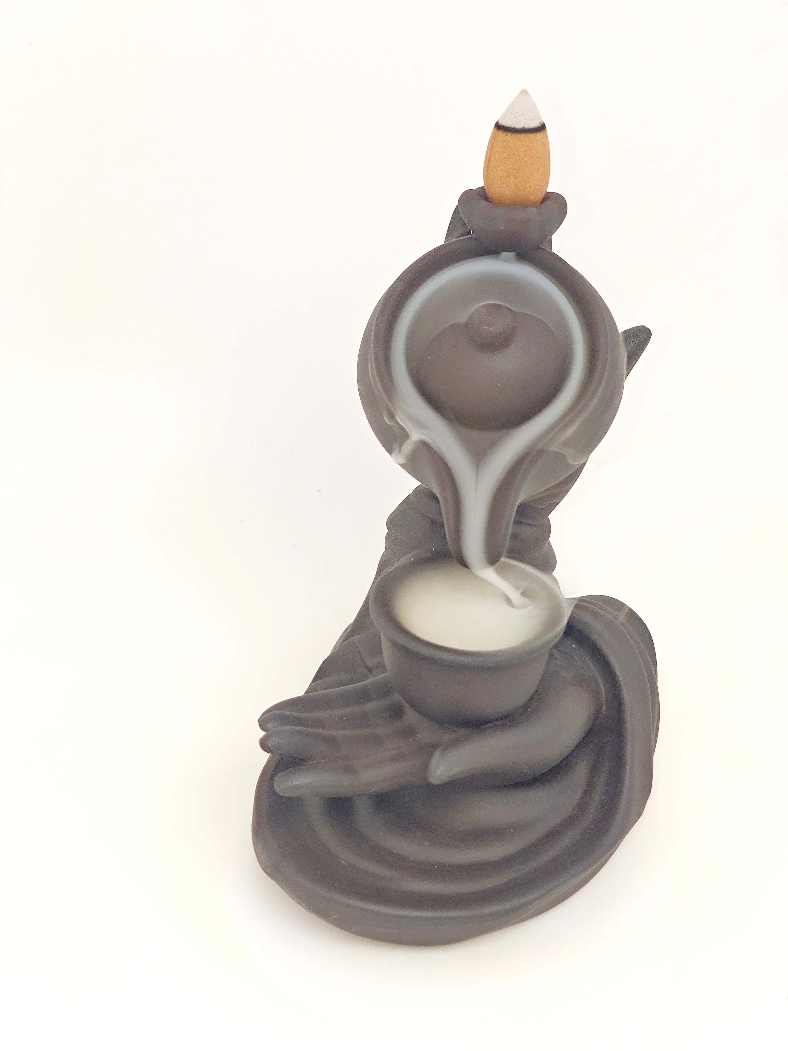 Ceramic Reflux Incense Burner - Decorative Incense Burner Biblo - Cup and Teapot Sculpture Hand Holding Teapot Backflow Incense Burner 14cm BIB-14 - DOMEDBAZAAR