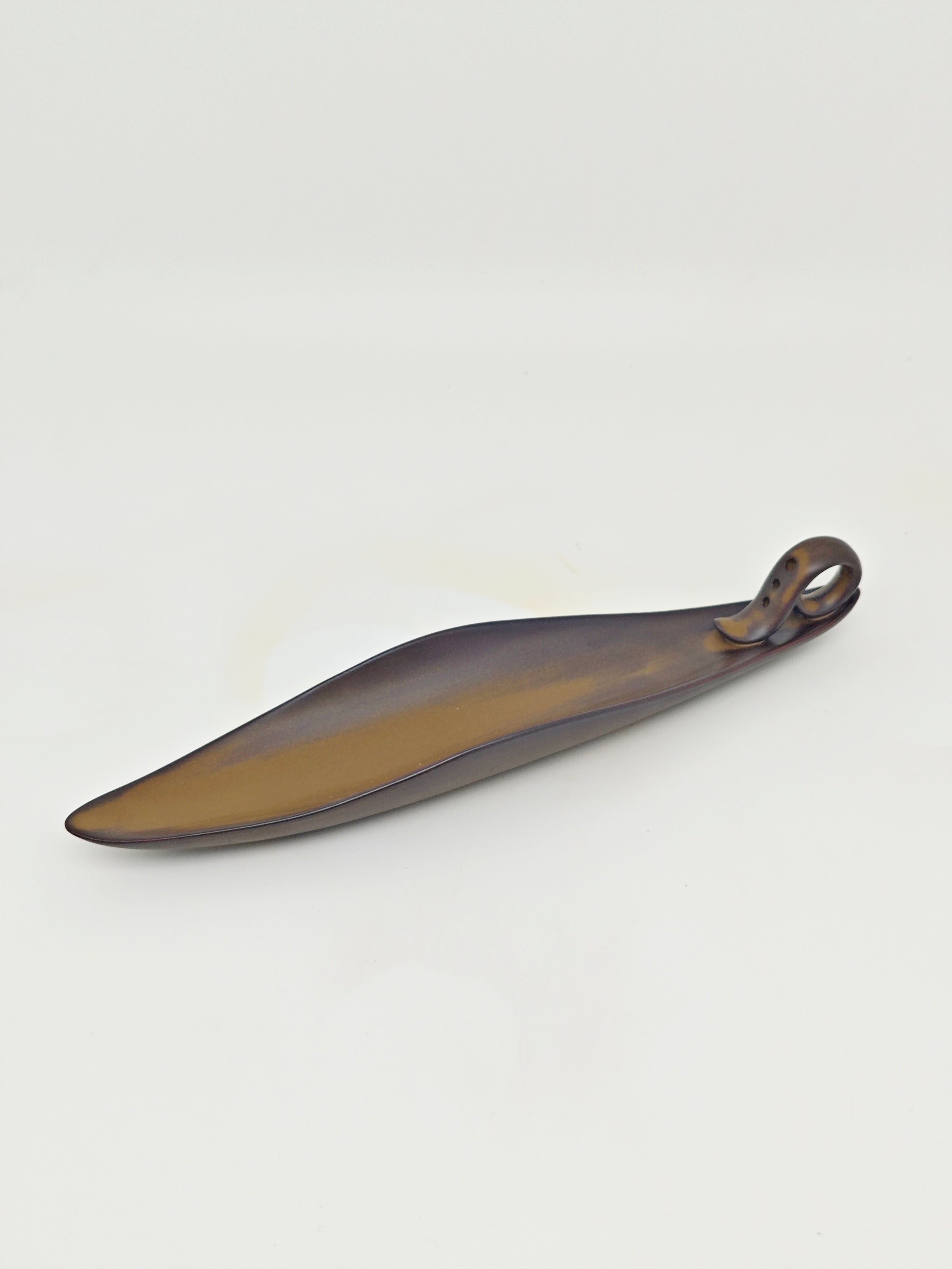 Ceramic Reflux Incense Burner - Decorative Incense Burner Biblo - Smooth Bronze Nature Sleek Curved Leaf Burner 23cm BIB-17 - DOMEDBAZAAR