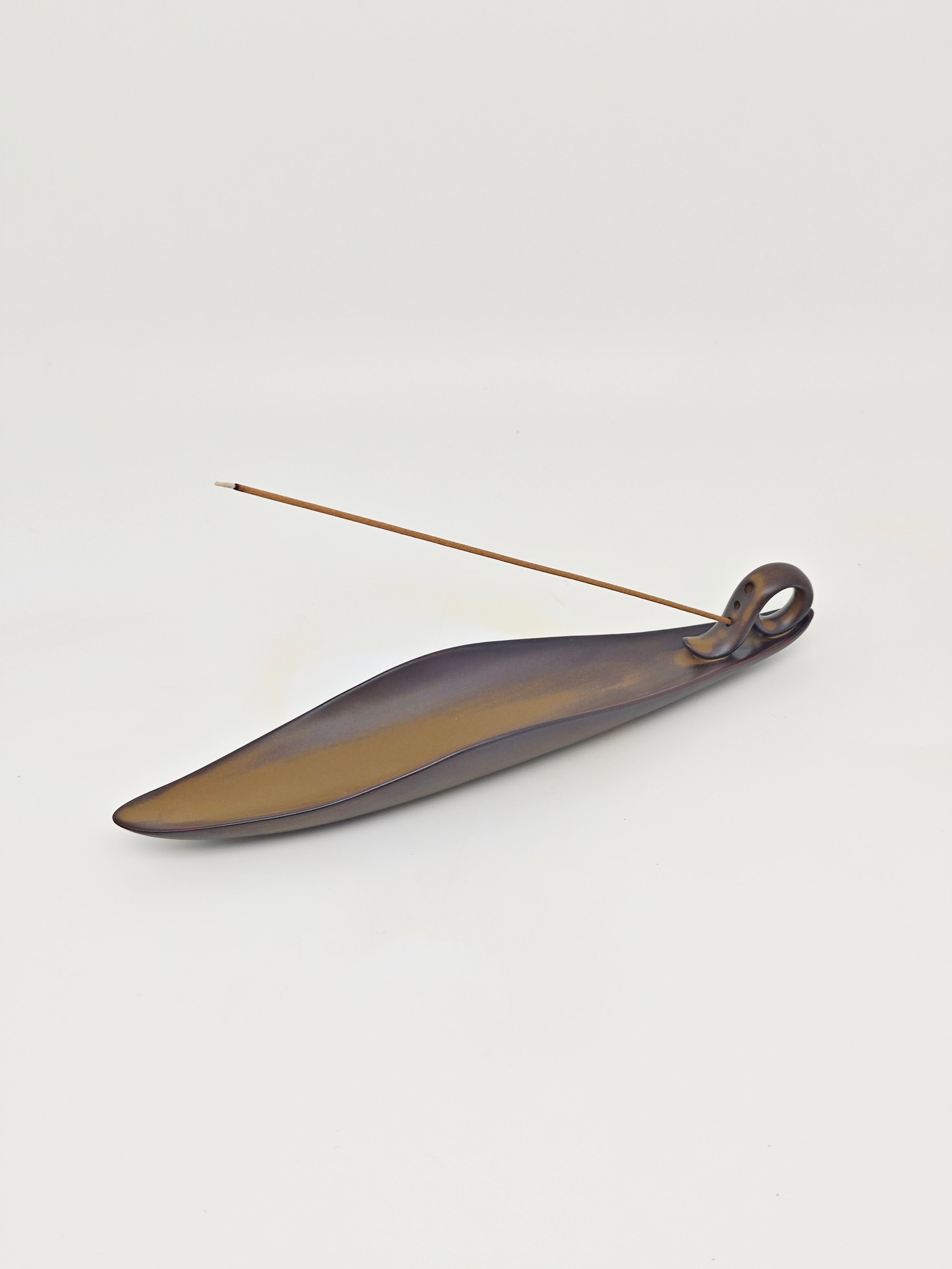 Ceramic Reflux Incense Burner - Decorative Incense Burner Biblo - Smooth Bronze Nature Sleek Curved Leaf Burner 23cm BIB-17 - DOMEDBAZAAR