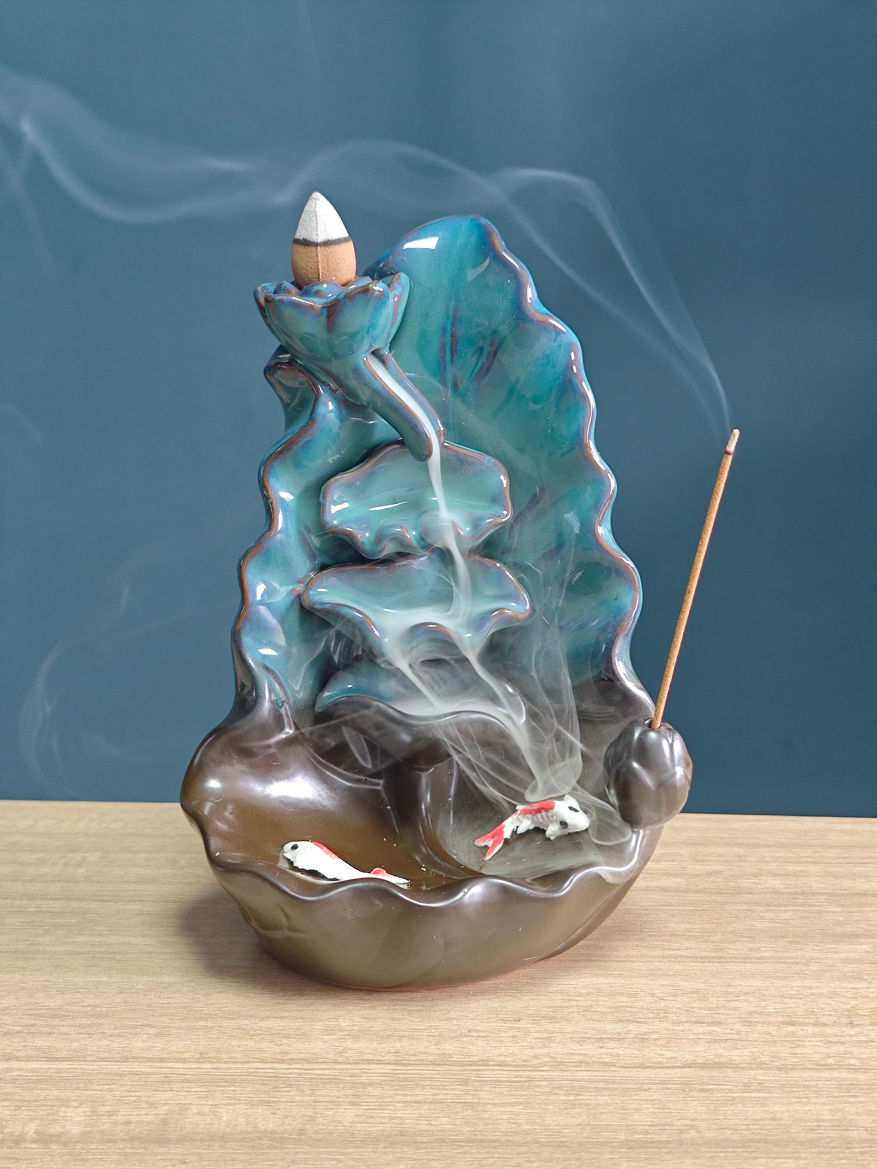 Ceramic Reflux Incense Burner - Decorative Incense Burner Biblo - Artistic Koi Pond Lotus Ceramic fountain 16cm BIB-33 - DOMEDBAZAAR