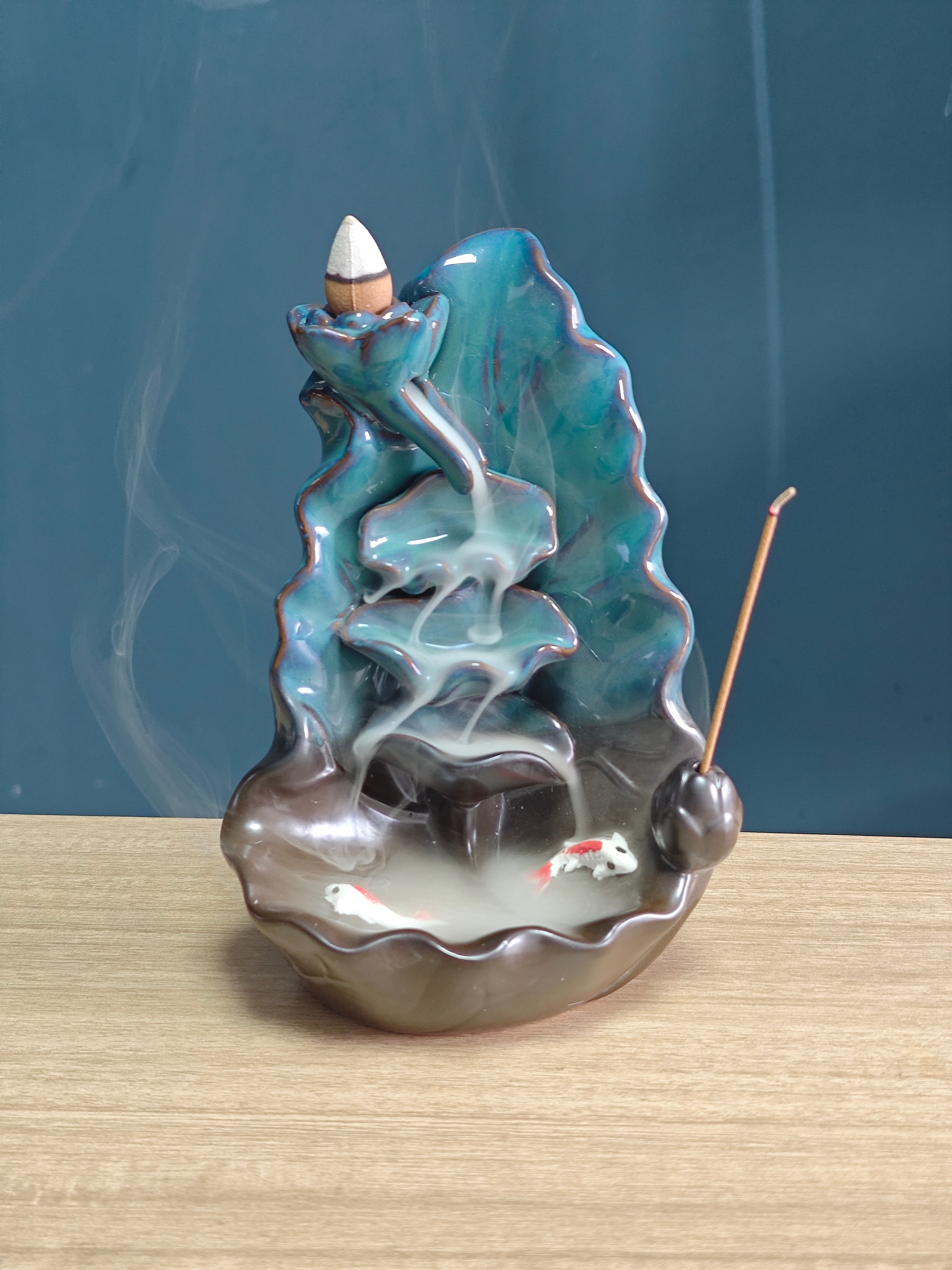 Ceramic Reflux Incense Burner - Decorative Incense Burner Biblo - Artistic Koi Pond Lotus Ceramic fountain 16cm BIB-33 - DOMEDBAZAAR