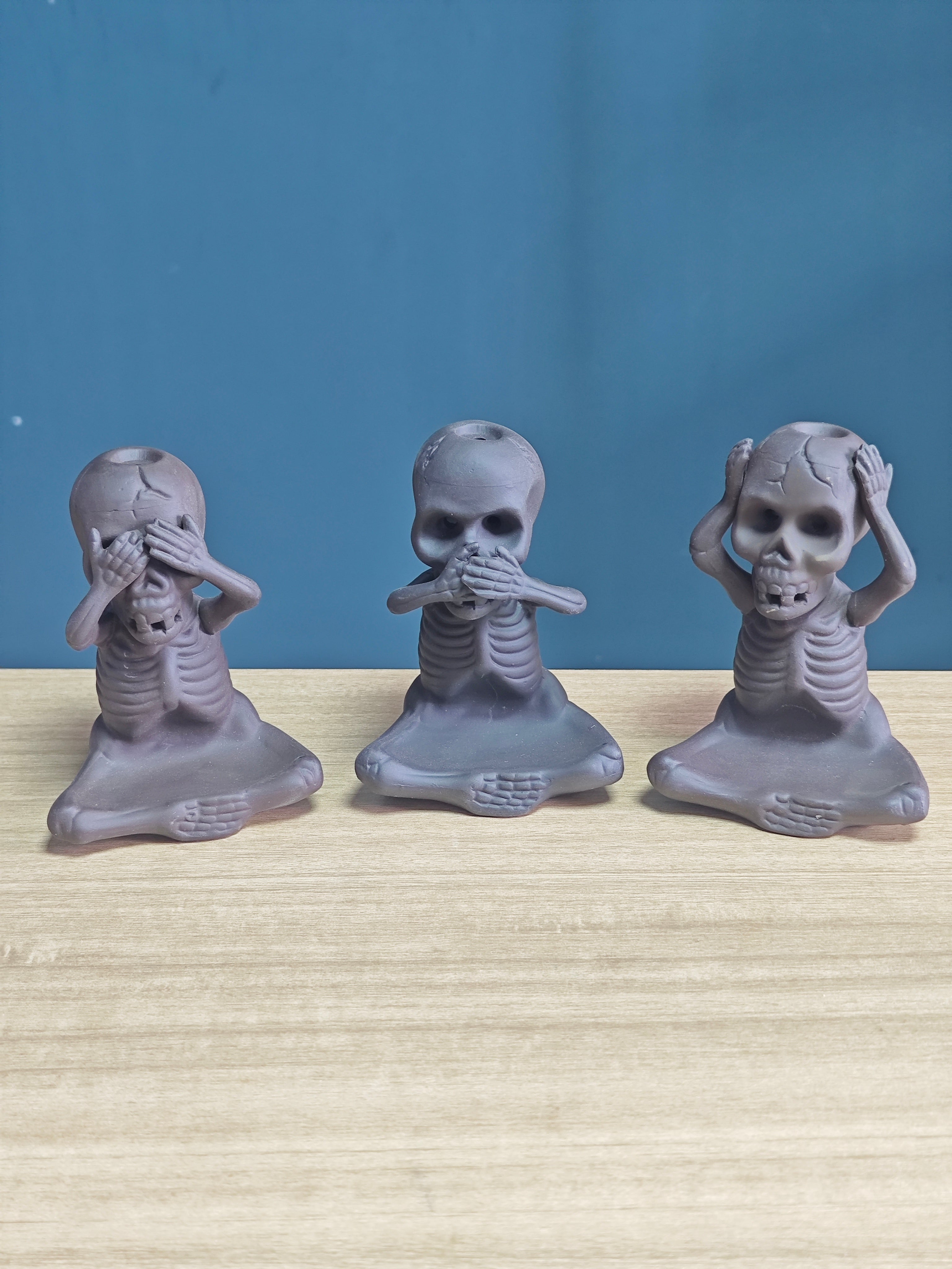 Ceramic Reflux Incense Burner - Decorative Incense Burner Biblo - Artistic Skeleton Figurine Set See Hear Speak No Evil Skeletons Burner 11.5cm BIB-38/39/40 - DOMEDBAZAAR