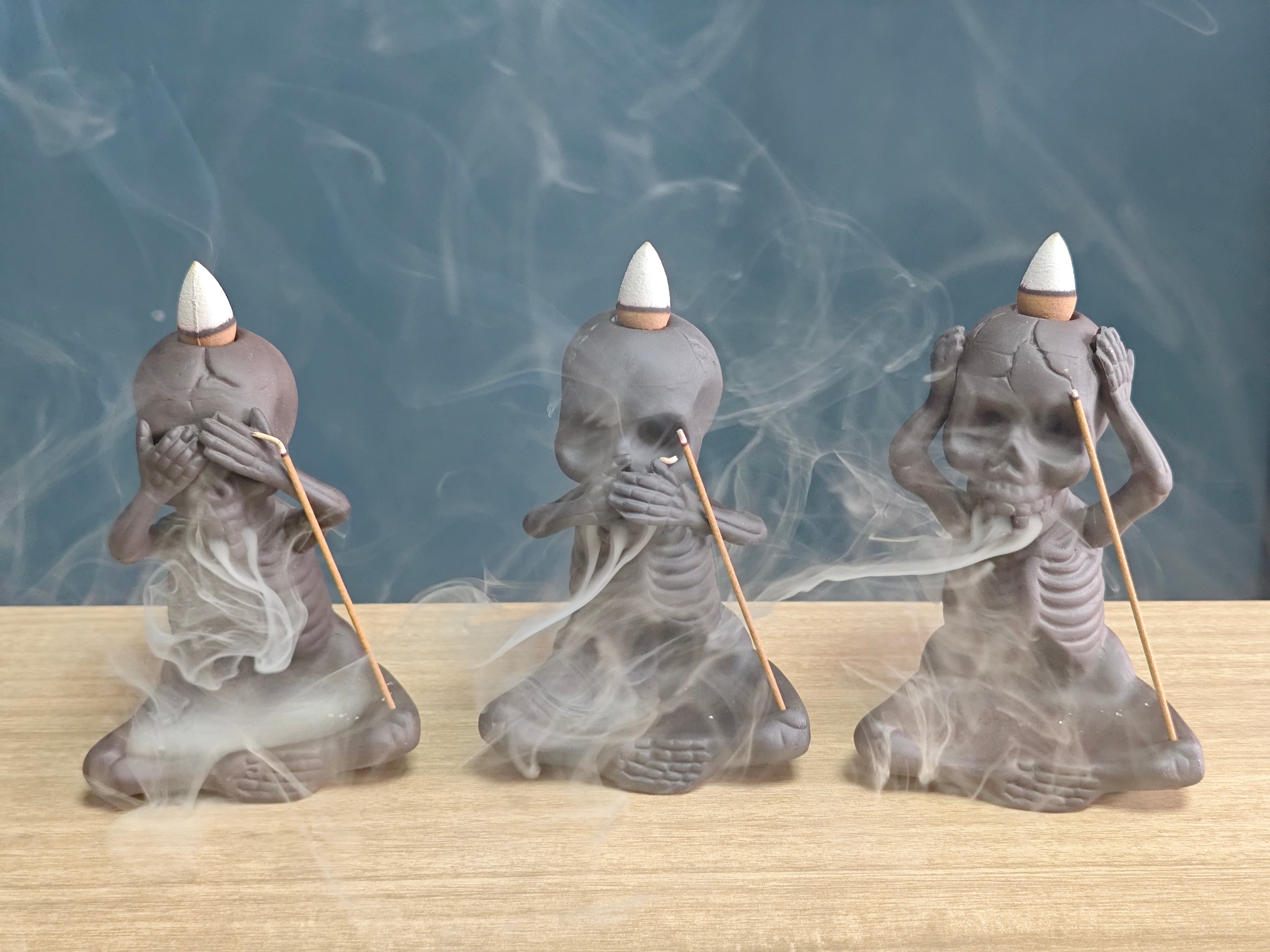Ceramic Reflux Incense Burner - Decorative Incense Burner Biblo - Artistic Skeleton Figurine Set See Hear Speak No Evil Skeletons Burner 11.5cm BIB-38/39/40 - DOMEDBAZAAR
