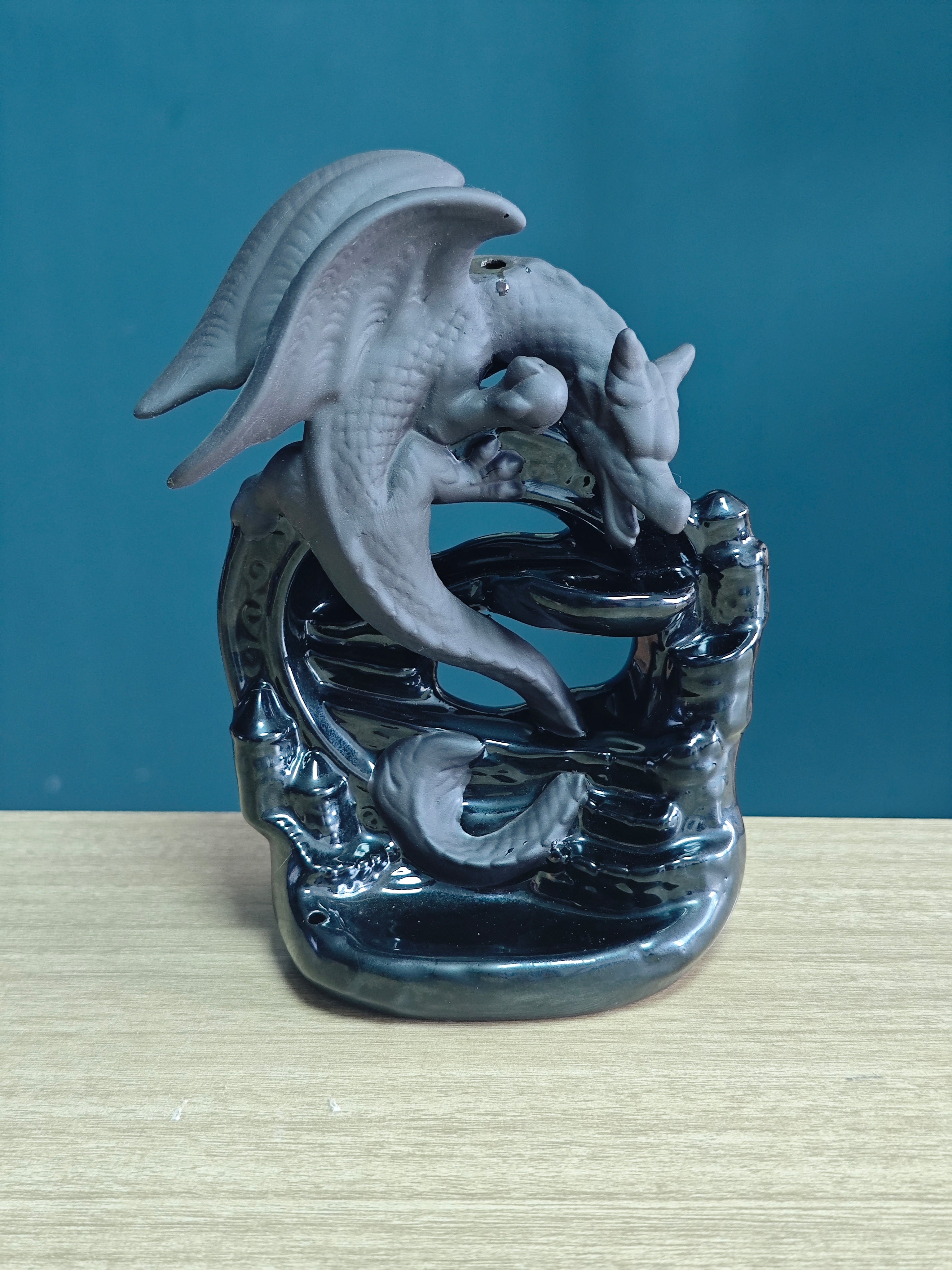 Ceramic Reflux Incense Burner - Decorative Incense Burner Biblo - Artistic Winged Dragon and Fountain Burner 16cm BIB-31 - DOMEDBAZAAR