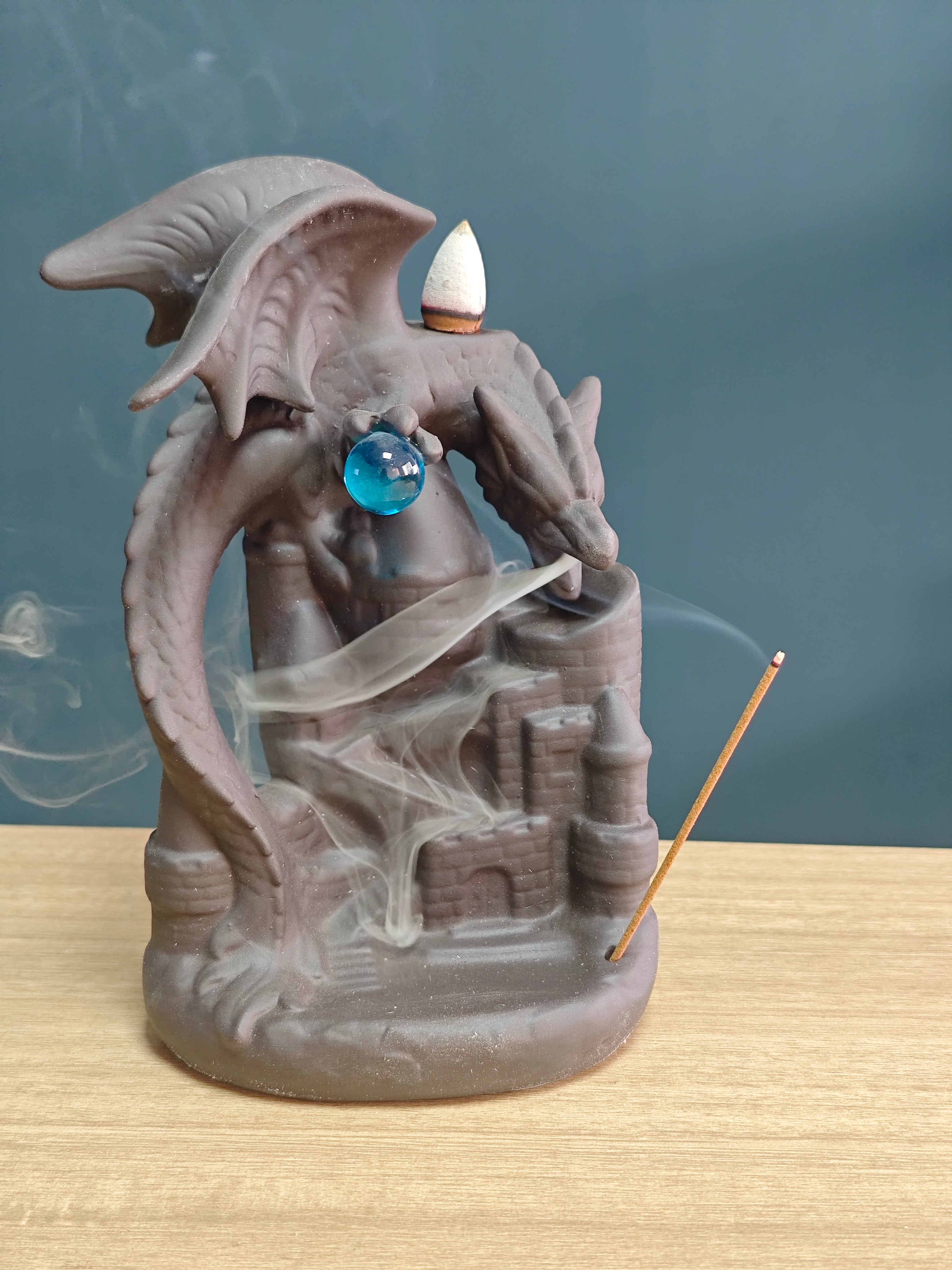 Ceramic Reflux Incense Burner - Decorative Incense Burner Biblo - Blue Crystal Dragon Ornament Fairy Tale World Burner 17.5cm BIB-43 - DOMEDBAZAAR