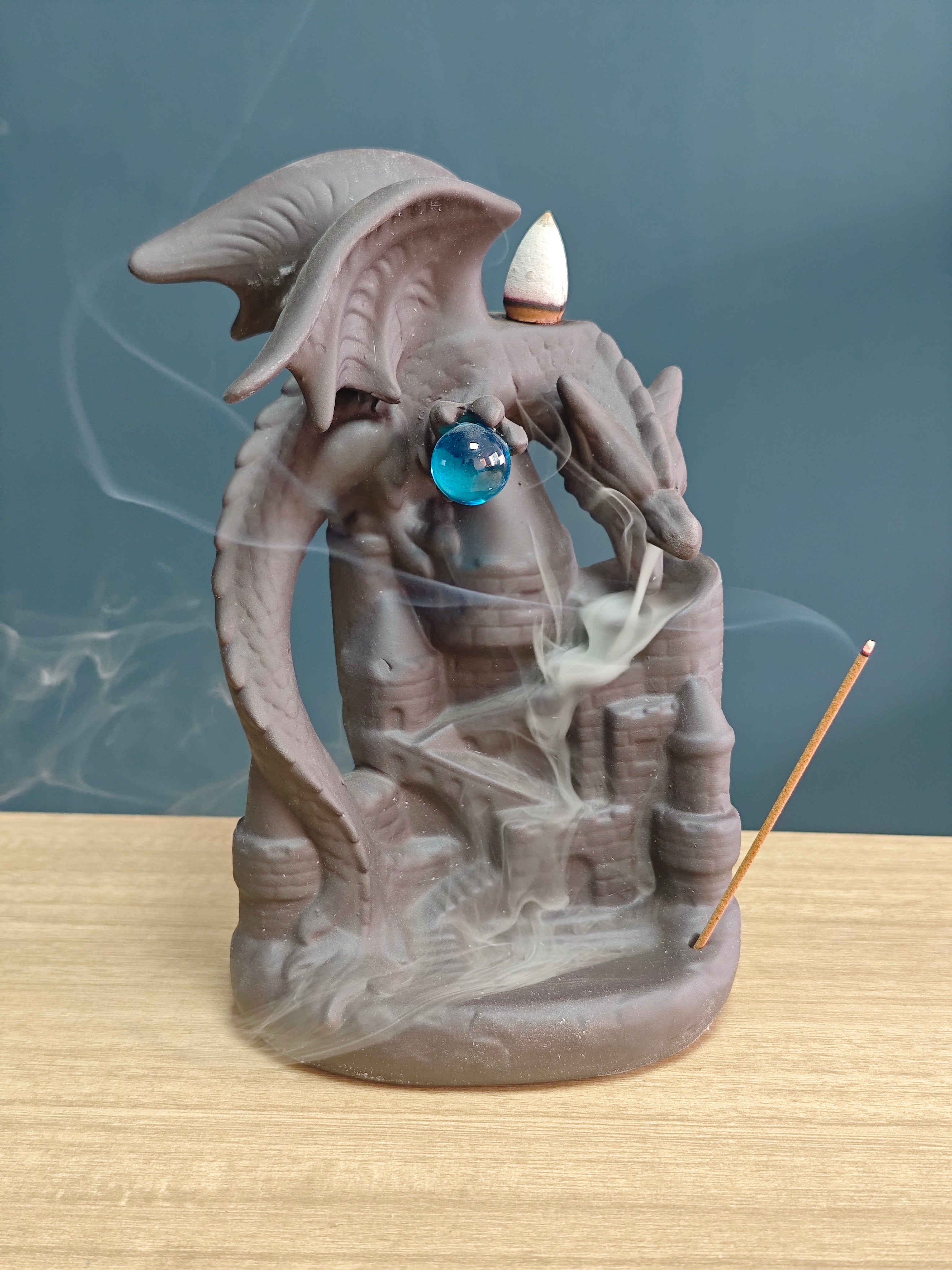 Ceramic Reflux Incense Burner - Decorative Incense Burner Biblo - Blue Crystal Dragon Ornament Fairy Tale World Burner 17.5cm BIB-43 - DOMEDBAZAAR