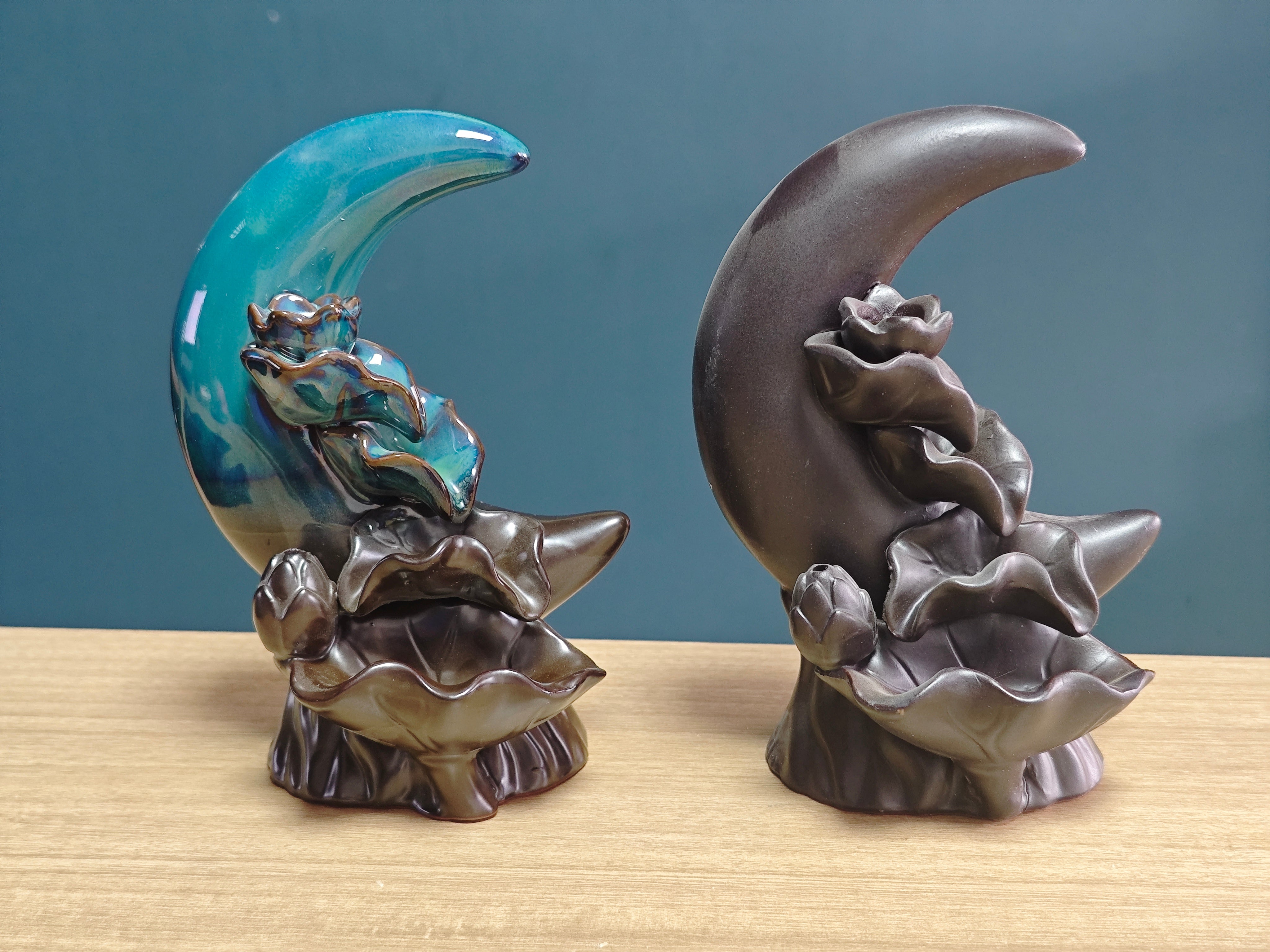 Ceramic Reflux Incense Burner - Decorative Incense Burner Biblo - Lotus Petal Crescent Moon Smoke Cascade Effect Burner 16cm BIB-44/45 - DOMEDBAZAAR