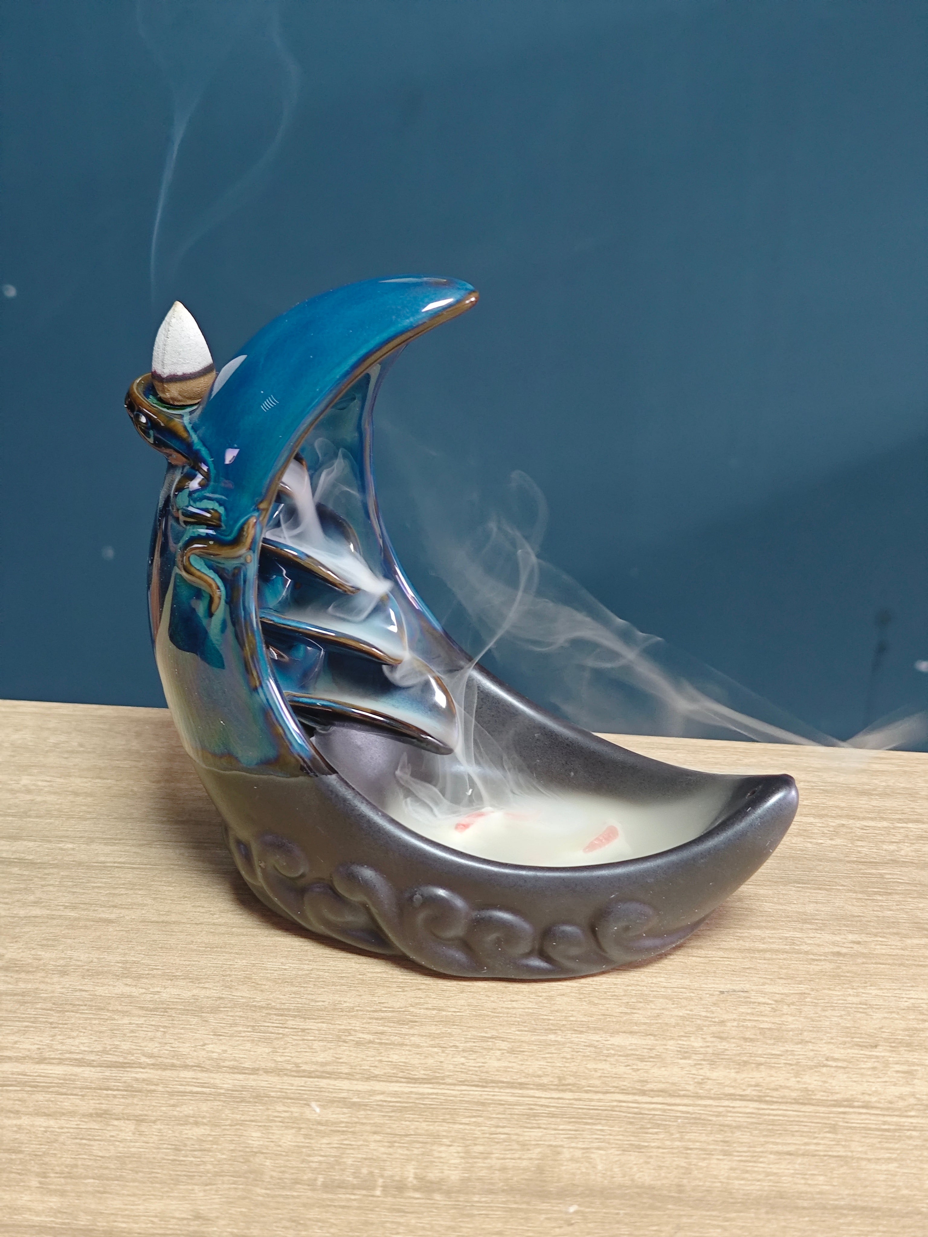 Ceramic Reflux Incense Burner - Decorative Incense Burner Biblo - Artistic Crescent Moon Glazed Ceramic Burner 15.5cm BIB-46 - DOMEDBAZAAR