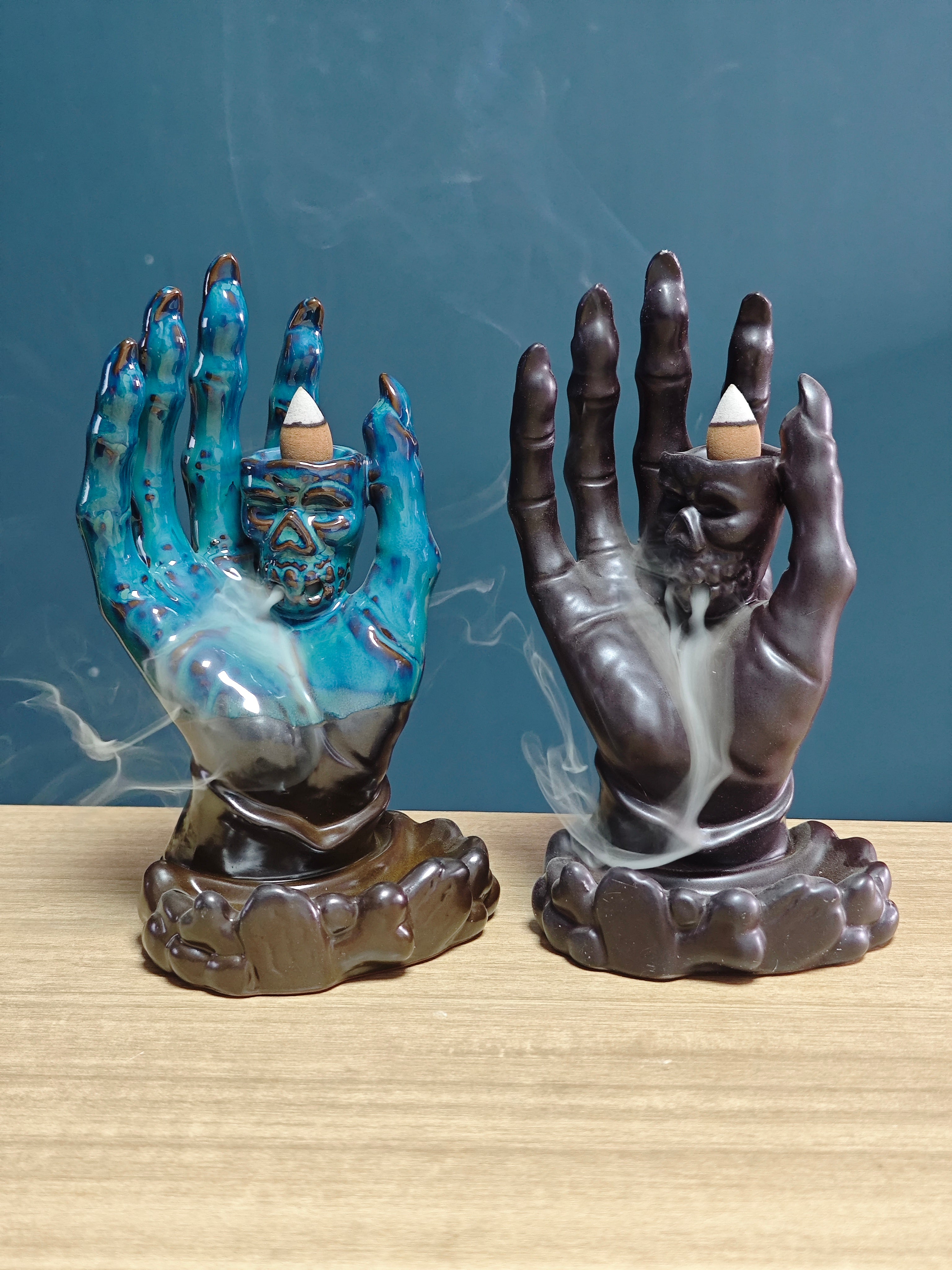 Ceramic Reflux Incense Burner - Decorative Incense Burner Biblo - Skull Mystical Hand Motif on Palm Burner Biblo 17cm BIB-48-49 - DOMEDBAZAAR