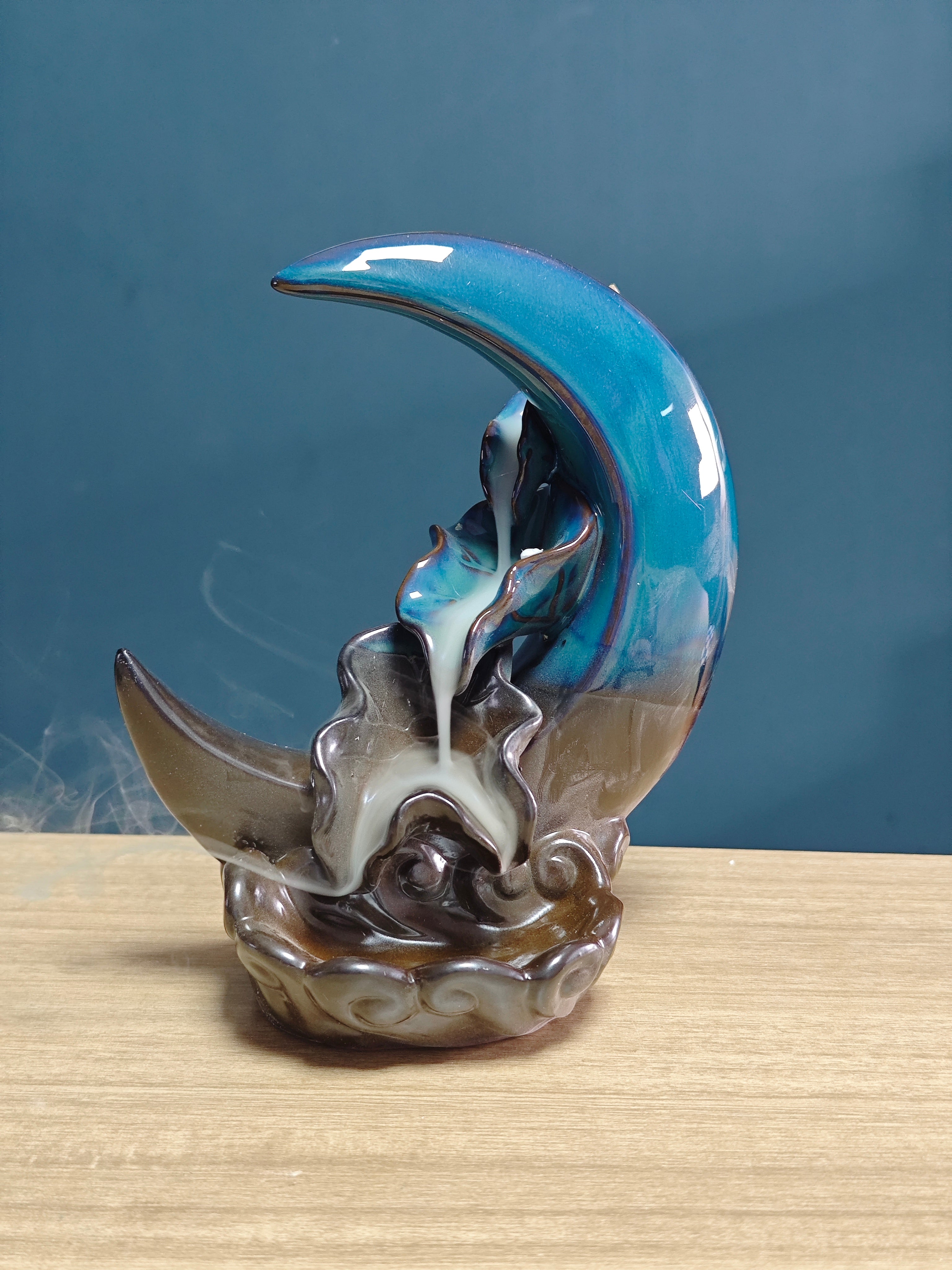 Ceramic Reflux Incense Burner - Decorative Incense Burner Biblo - Artistic Crescent Moon Wavy Louts Burner 16cm BIB-51 - DOMEDBAZAAR