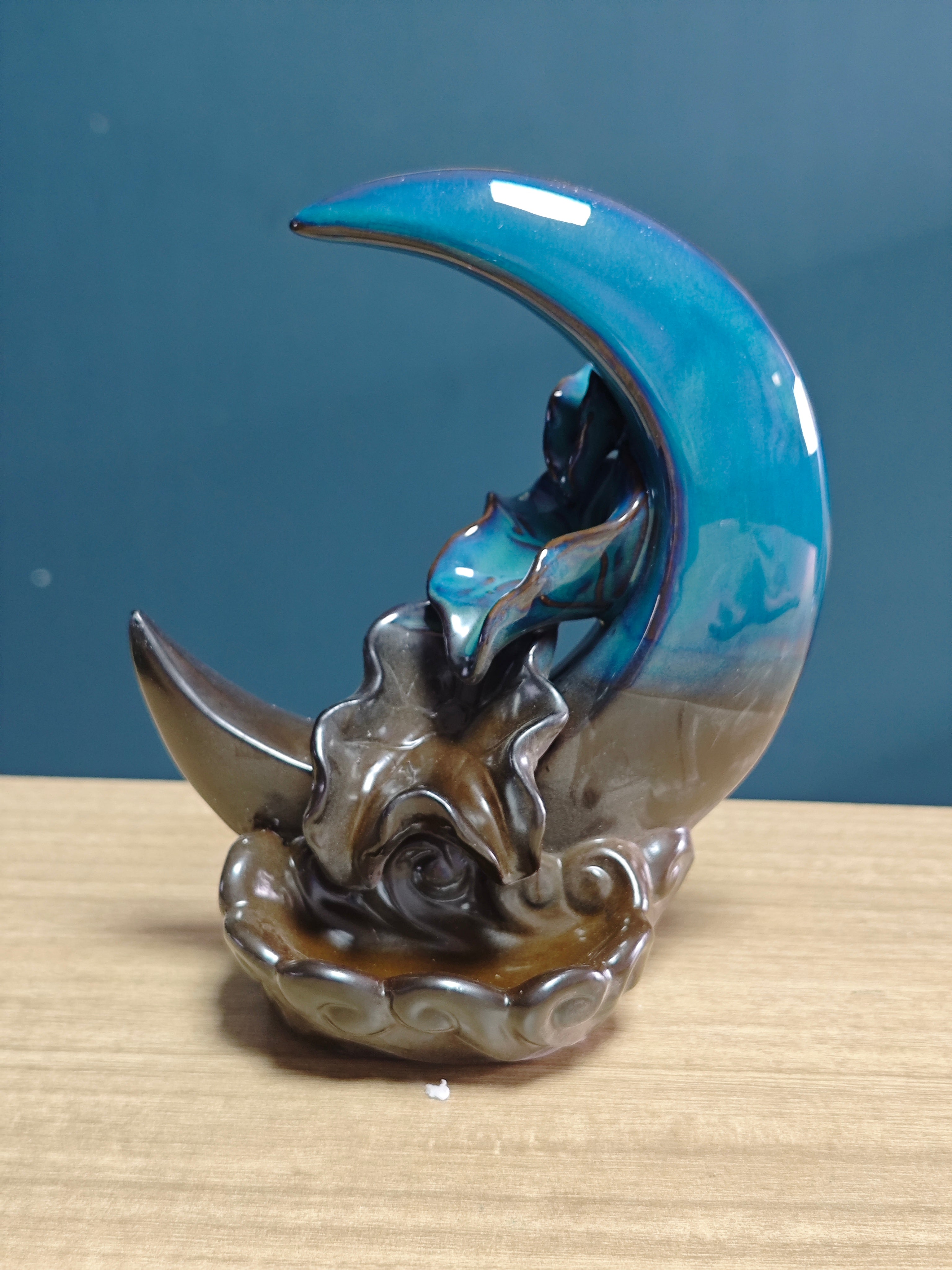 Ceramic Reflux Incense Burner - Decorative Incense Burner Biblo - Artistic Crescent Moon Wavy Louts Burner 16cm BIB-51 - DOMEDBAZAAR