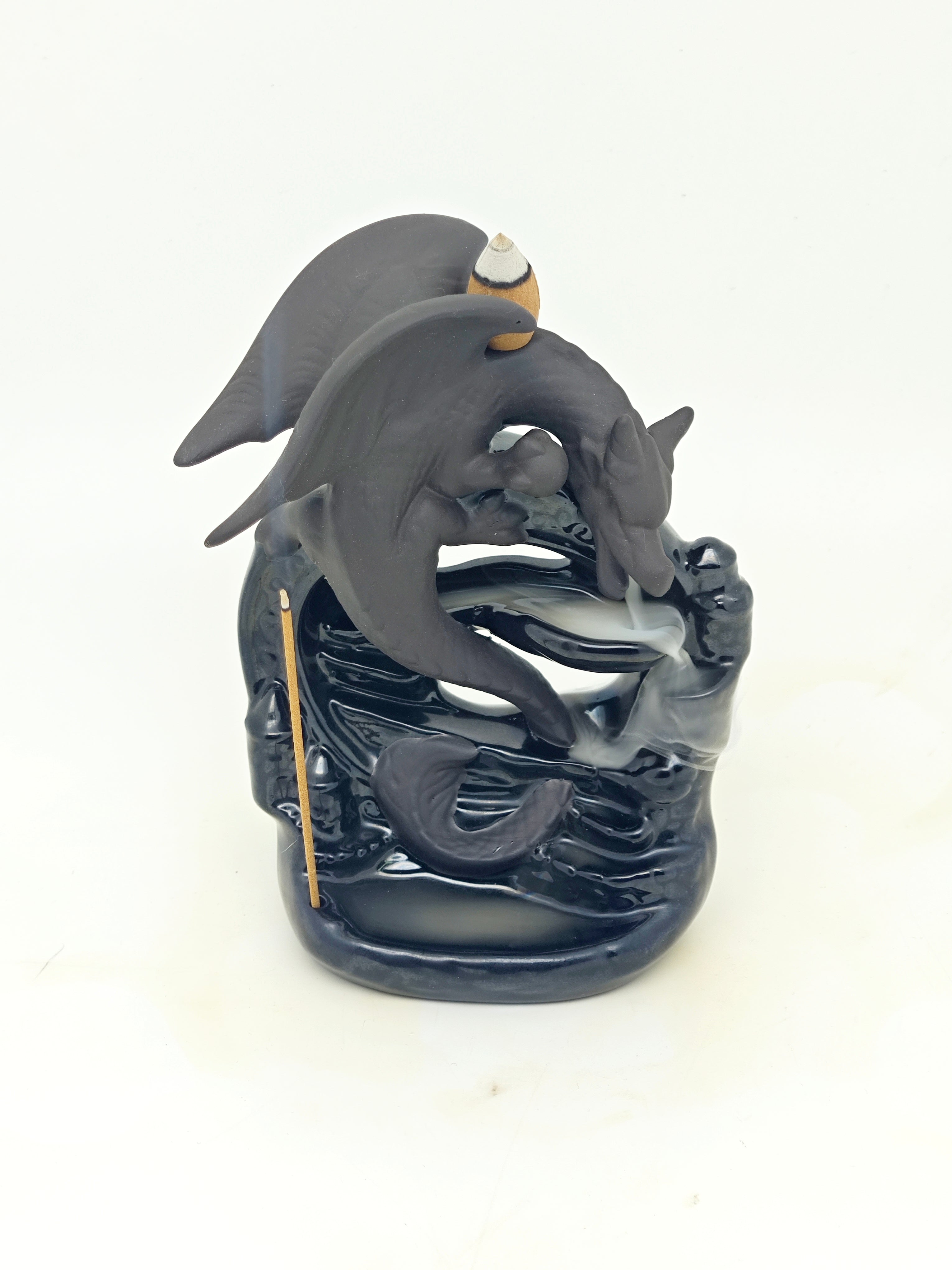 Ceramic Reflux Incense Burner - Decorative Incense Burner Biblo - Artistic Winged Dragon and Fountain Burner 16cm BIB-31 - DOMEDBAZAAR