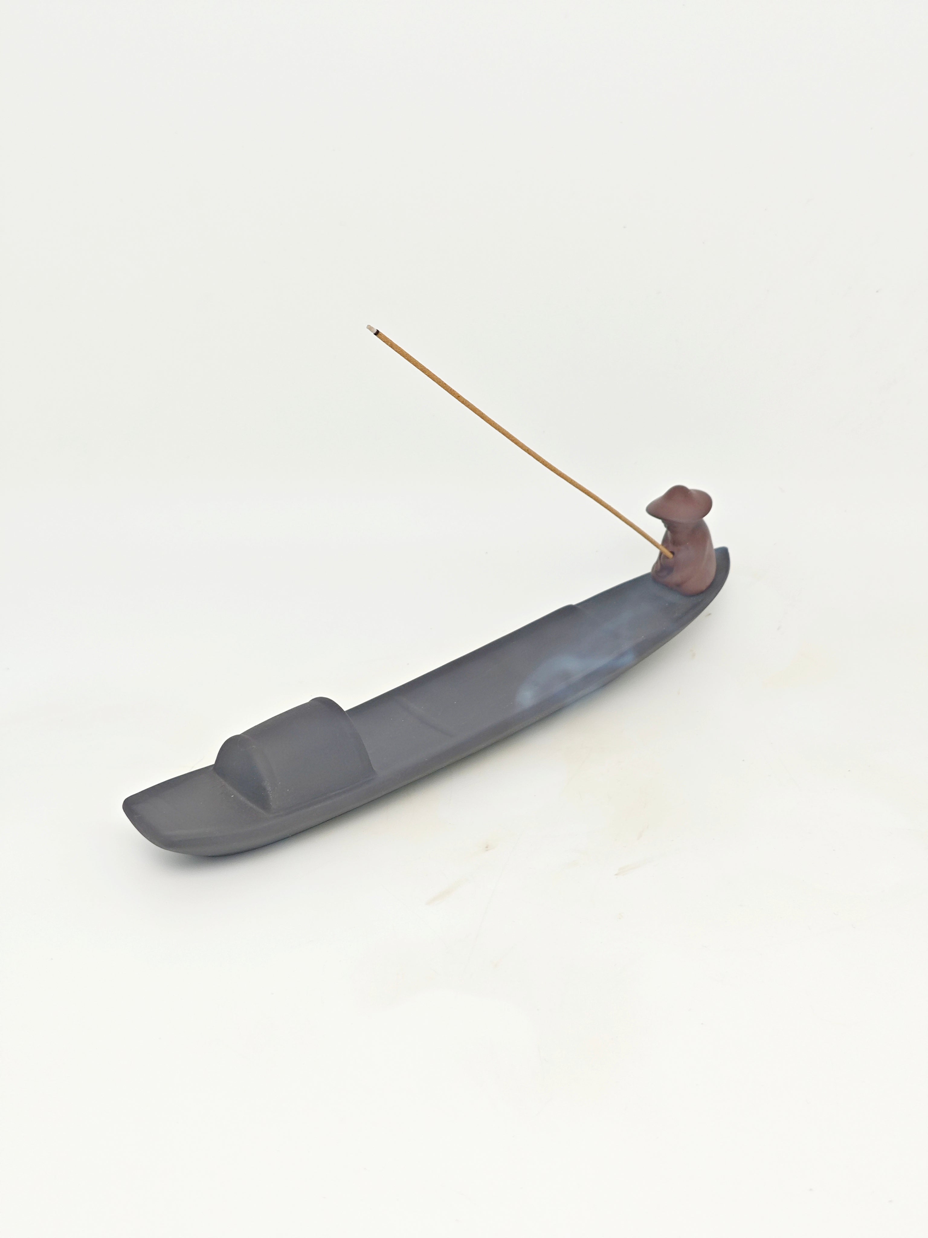 Ceramic Reflux Incense Burner - Decorative Incense Burner Biblo - Long Ceramic Fisherman and Minimalist Chinese Fishing Boat Boat Burner 24.5cm BIB-42 - DOMEDBAZAAR