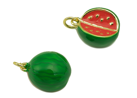 Enamel Fruit Earring Charms - Watermelon Enamel Pendant , 18K Gold Plated Brass Fruit Figures , Fruits DIY Jewelry Making Charms - DOMEDBAZAAR