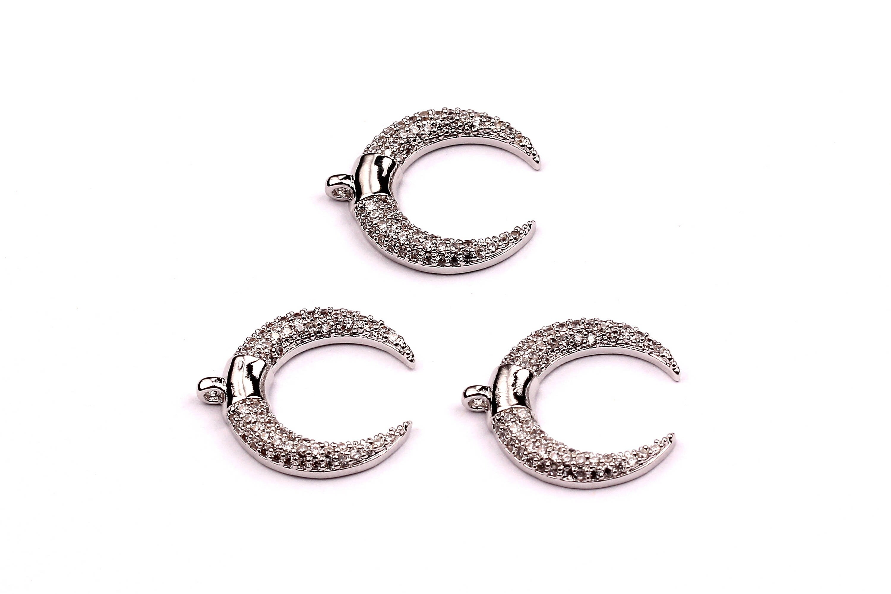 Crescent Micro Pave Pendant - Zircon Earring Charms - Crescent Moon Shaped - Silver Tone Charms -  Earring Findings - 18x17x3mm - MP1001 - DOMEDBAZAAR