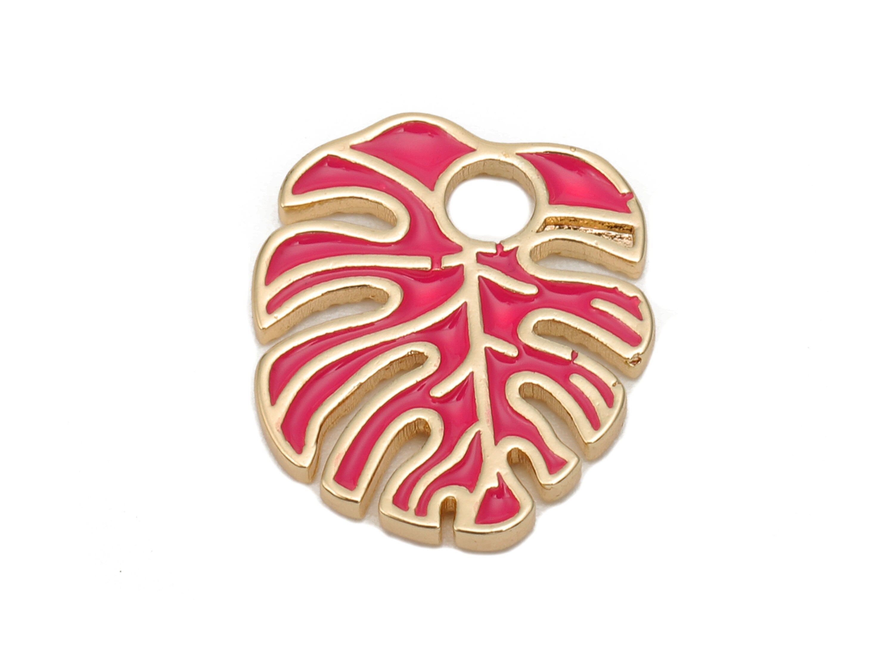 Brass Monstera Leaf Charms - Pink Enamel Dot Leaves Earring - Spot Botanical Pendant - 18K Real Gold Plating - 18.6x15.9x1.6mm - RGP5648D - DOMEDBAZAAR