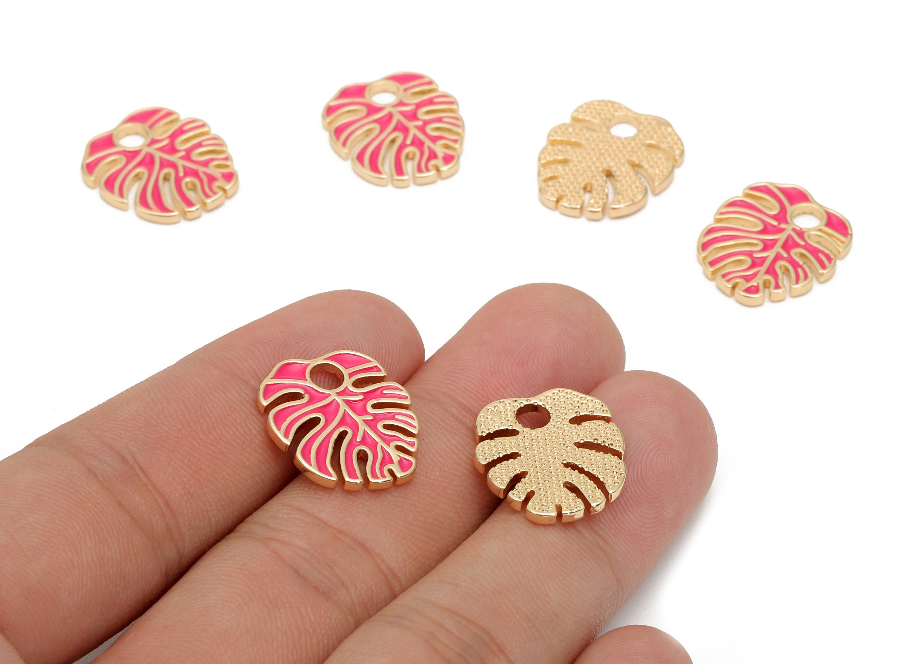 Brass Monstera Leaf Charms - Pink Enamel Dot Leaves Earring - Spot Botanical Pendant - 18K Real Gold Plating - 18.6x15.9x1.6mm - RGP5648D - DOMEDBAZAAR