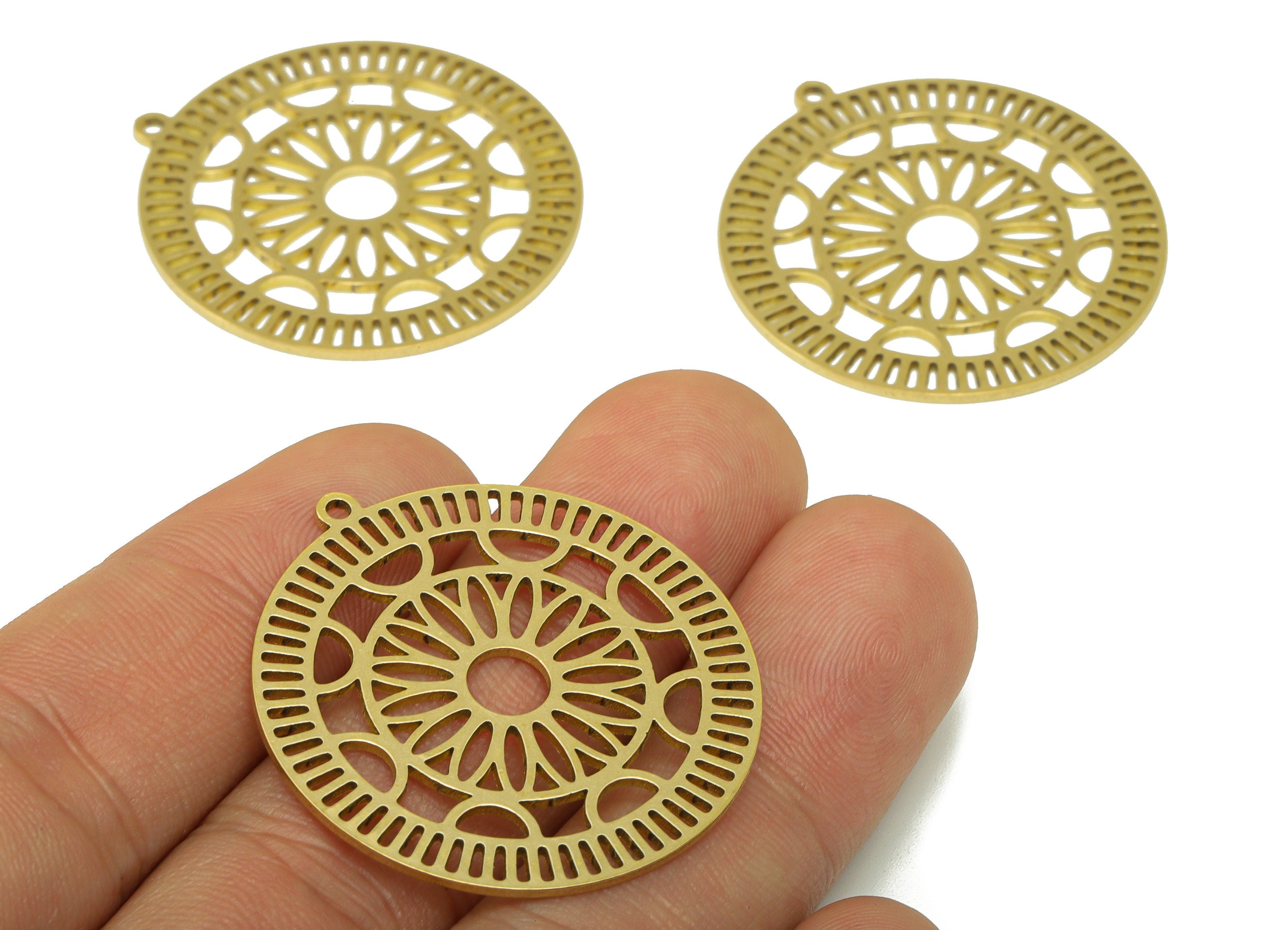 Brass Round Earring - Raw Brass Flower Laser Cut Pendant - Brass Lotus Earring Charm- For Necklace -For Pendant- 35.9x 33.56x0.87mm - PP8543 - DOMEDBAZAAR