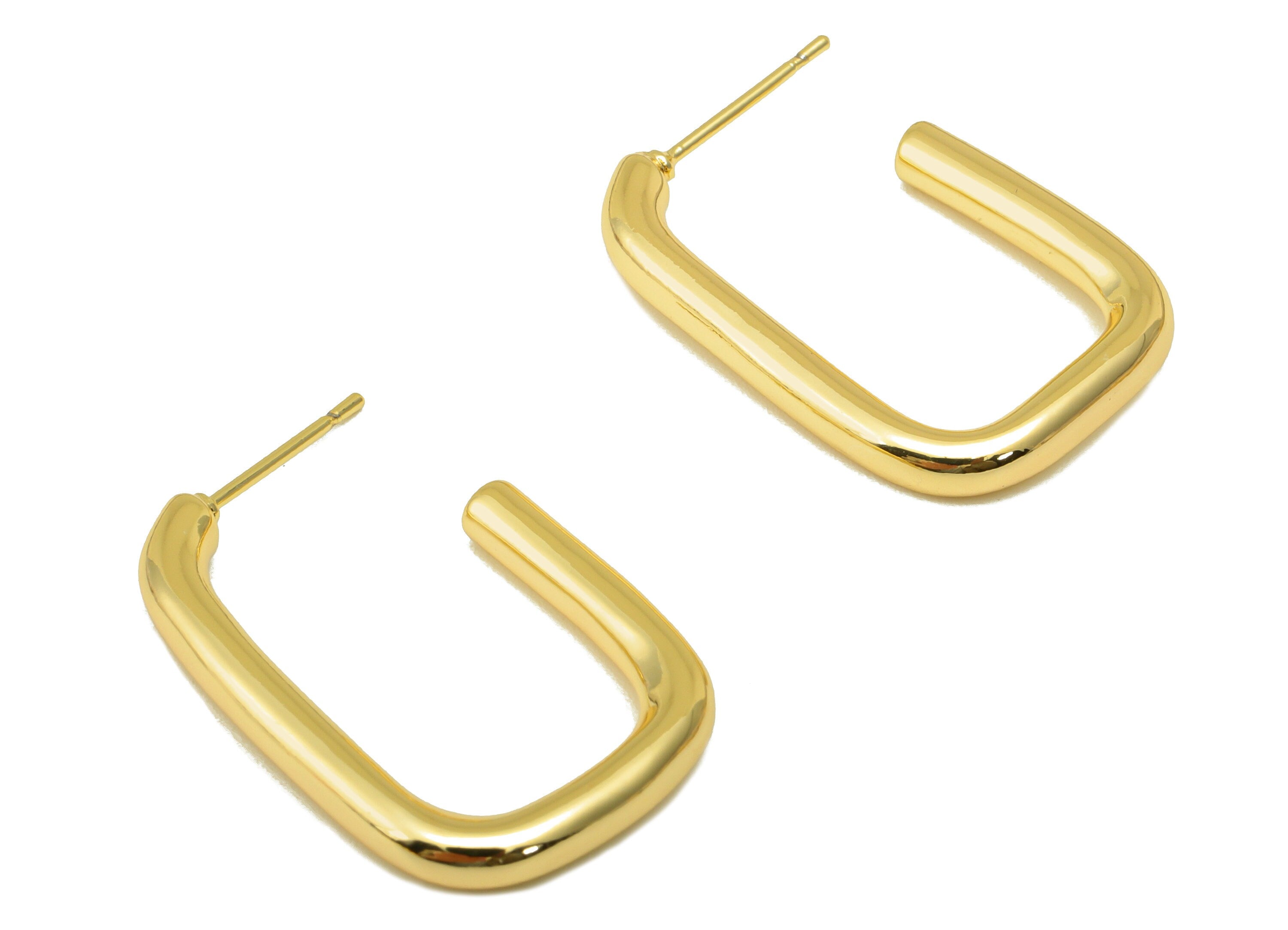 Brass Oval Rectangle Earrings Stud - Open Hoop Earring Post -Open Rectangle Hoop Earring Post - 18K Real Gold Plated -27x19x3mm- RGP6305 - DOMEDBAZAAR