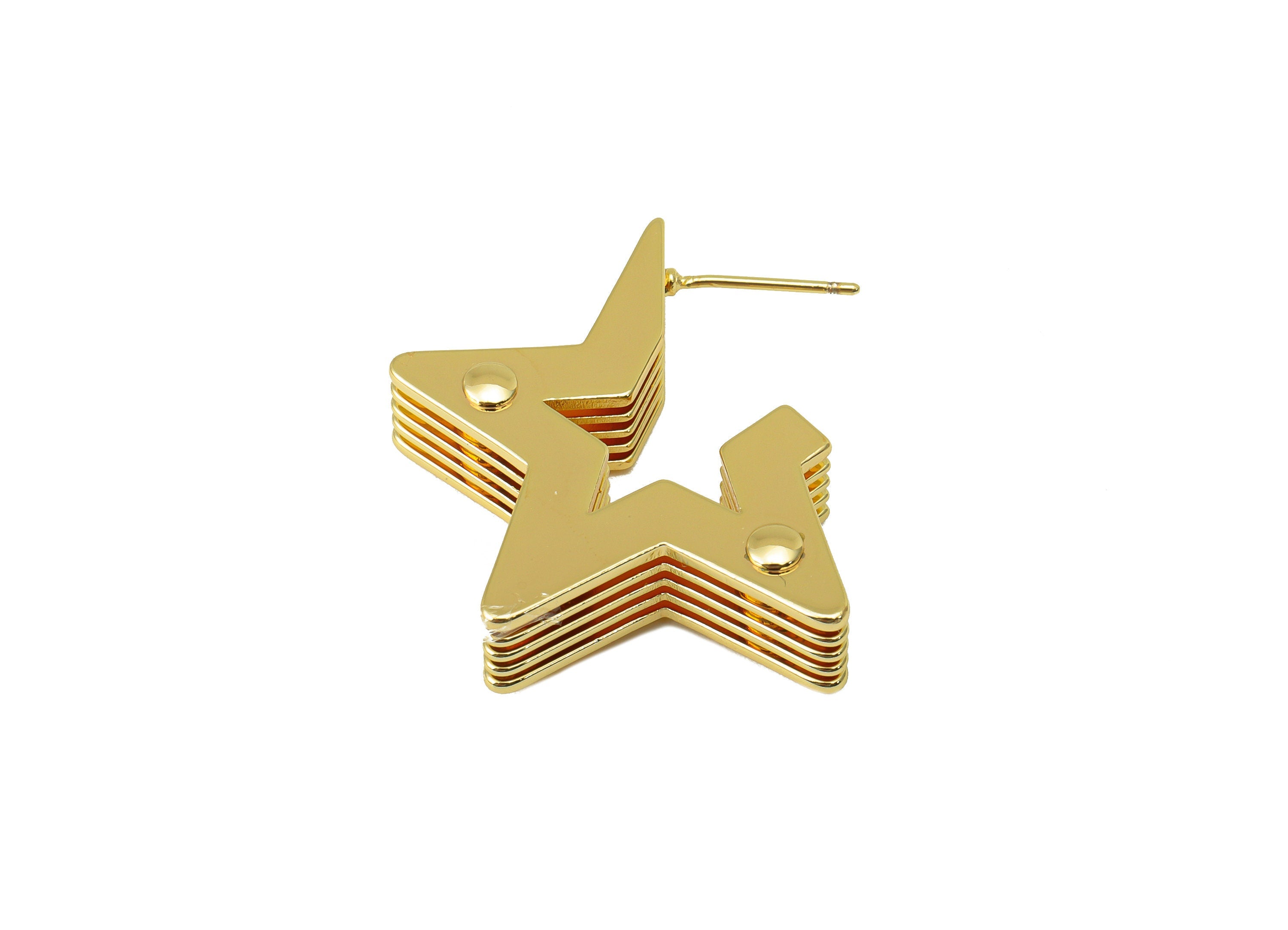 Brass 5 Layers Stars Stud Earring - Brass Star Earring Post - Brass Stack Star Earring Post - 18K Real Gold Plated -30x22.17x6.61mm- RGP6251 - DOMEDBAZAAR