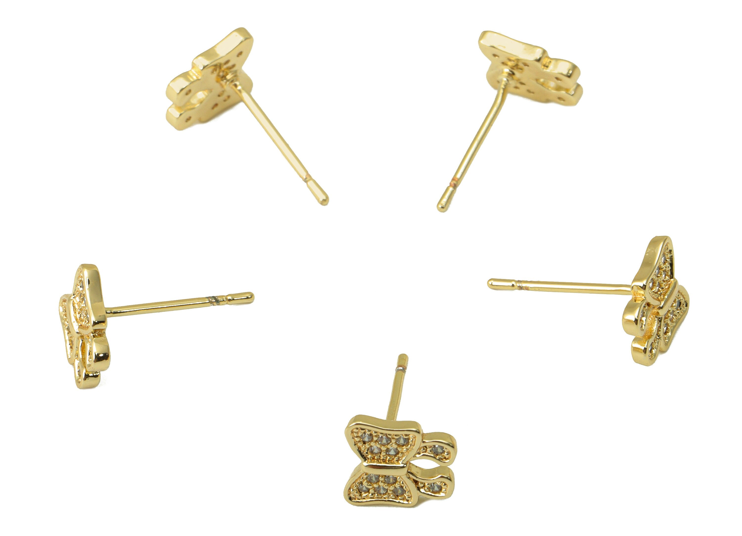 Brass Butterfly Earring Stud - Brass Butterfly Bow Earring Post -Cubic Zirconia Earring Post -18K Real Gold Plated - 7.79x7.59x1mm- RGP6418 - DOMEDBAZAAR