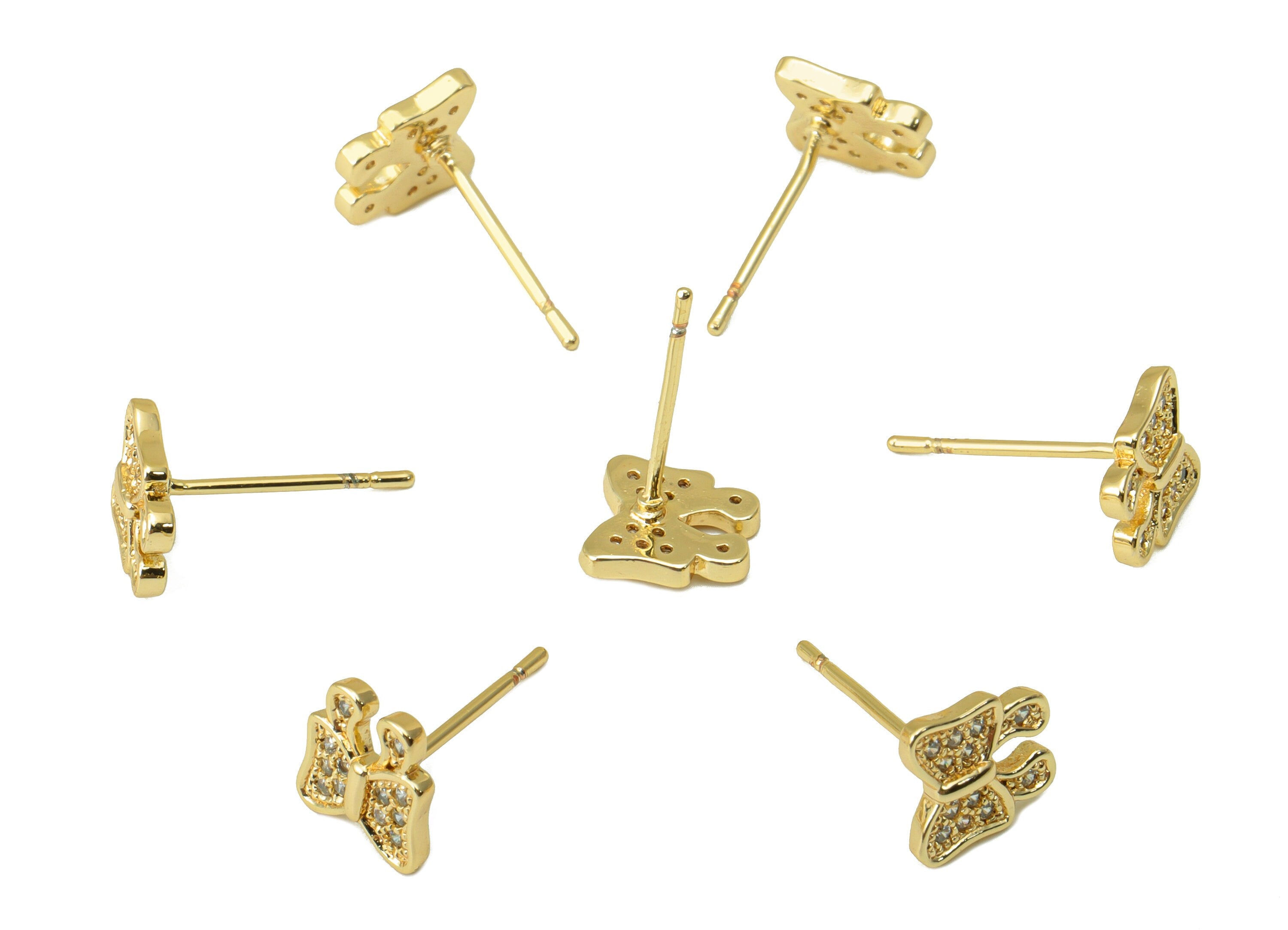 Brass Butterfly Earring Stud - Brass Butterfly Bow Earring Post -Cubic Zirconia Earring Post -18K Real Gold Plated - 7.79x7.59x1mm- RGP6418 - DOMEDBAZAAR