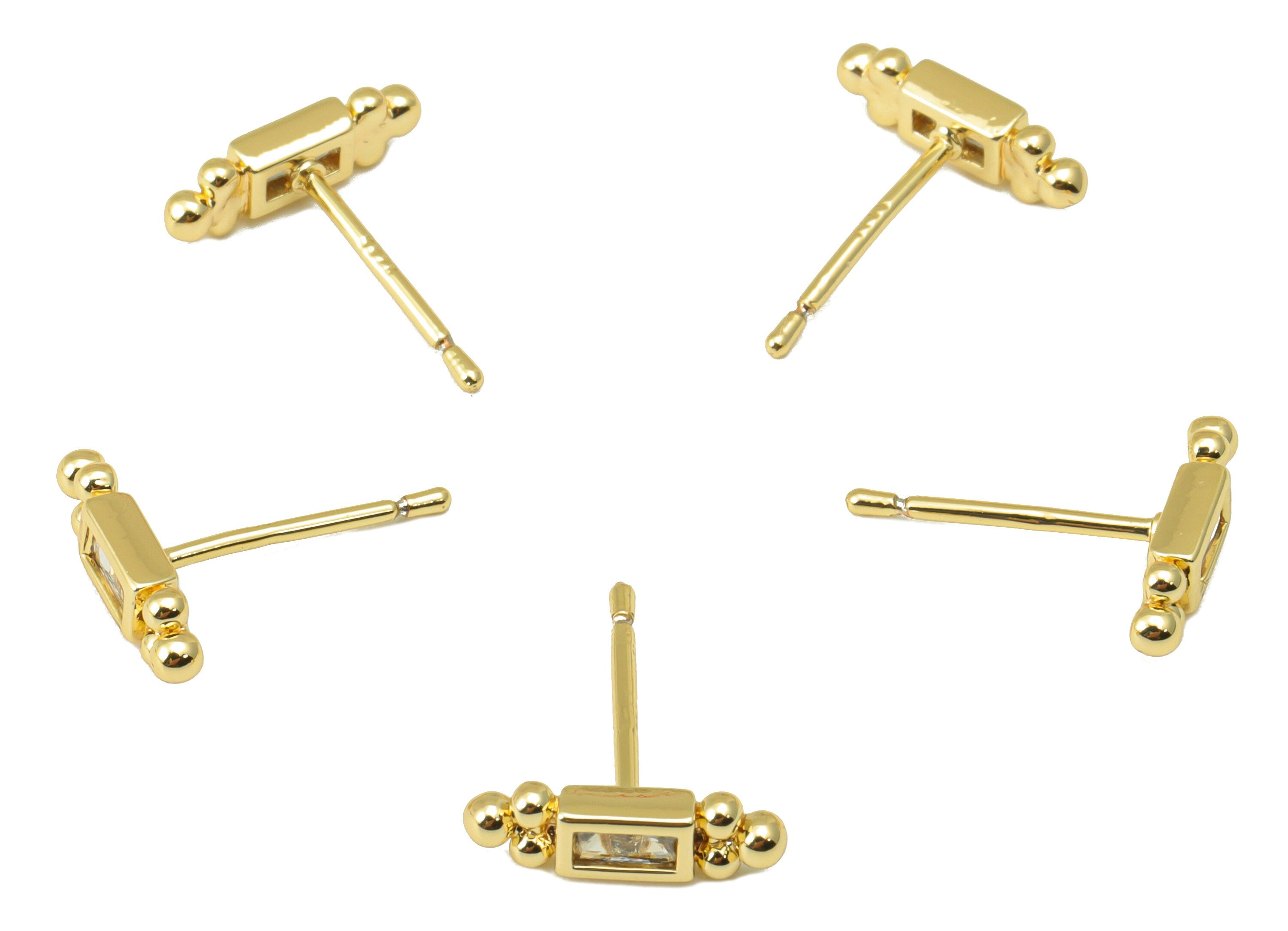 Brass Emerald Earring Stud - Brass Cubic Zirconia Tiny Earring Post -Mini Beads CZ Earring Post - 18k Real Gold plated - 12x4x1.99mm-RGP6589 - DOMEDBAZAAR